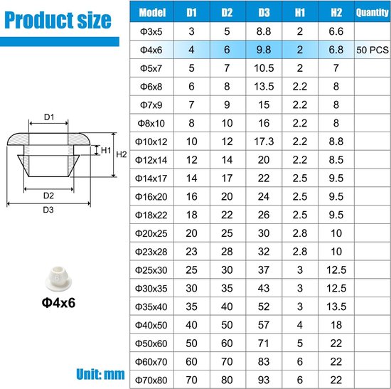 50 Stuks 4mm ID 6mm Boring Rubberen Doorvoertules, Elektrische Doorvoertules, Kabeldoorvoer Rubberen Plug, Firewall-Afdichtingspluggen, voor Draden, Kabels, Stekkers, Wit — afbeelding 2