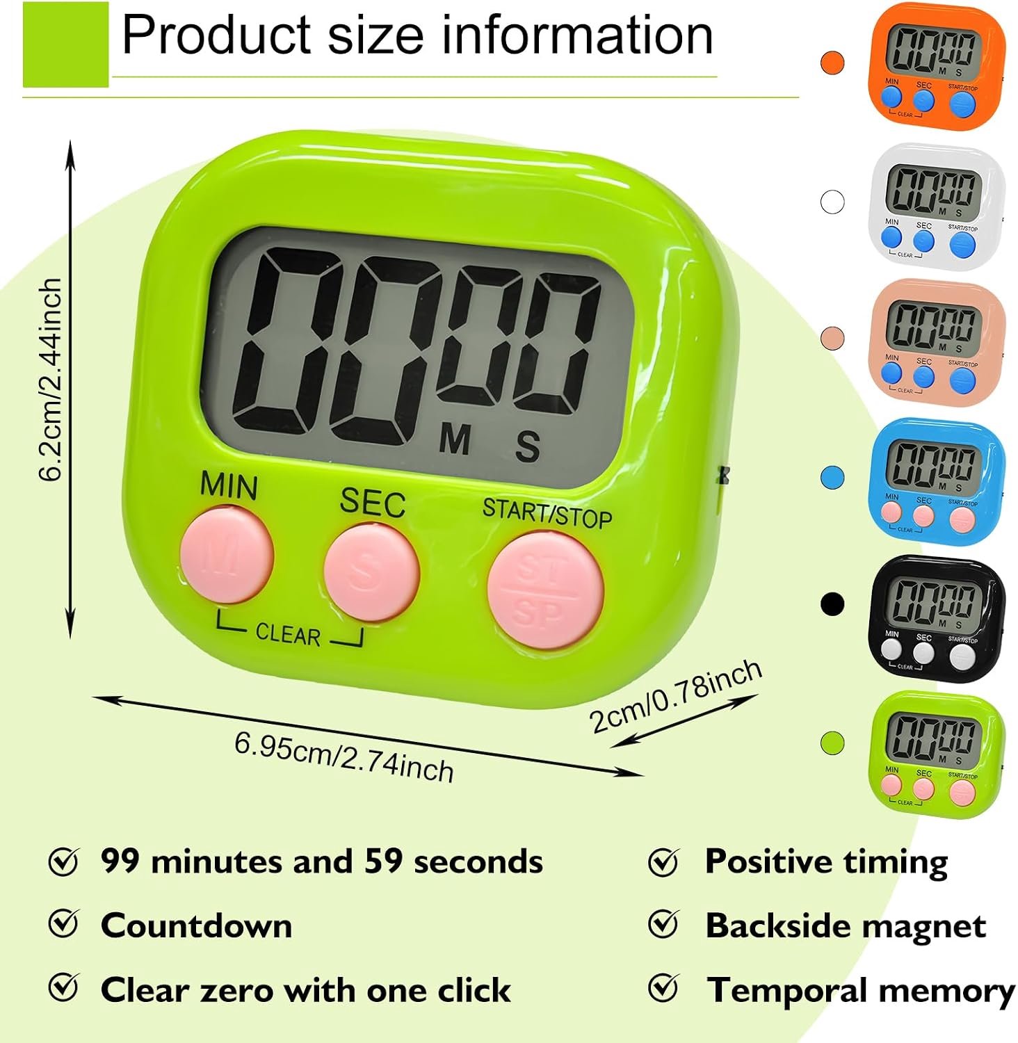 6 Pieces Magnetic Stopwatch Timer: WIYETY 6 Colours Digital Kitchen Timer with Clock with Large LCD Display, Silent for Kitchen, Office, Sports (Batte