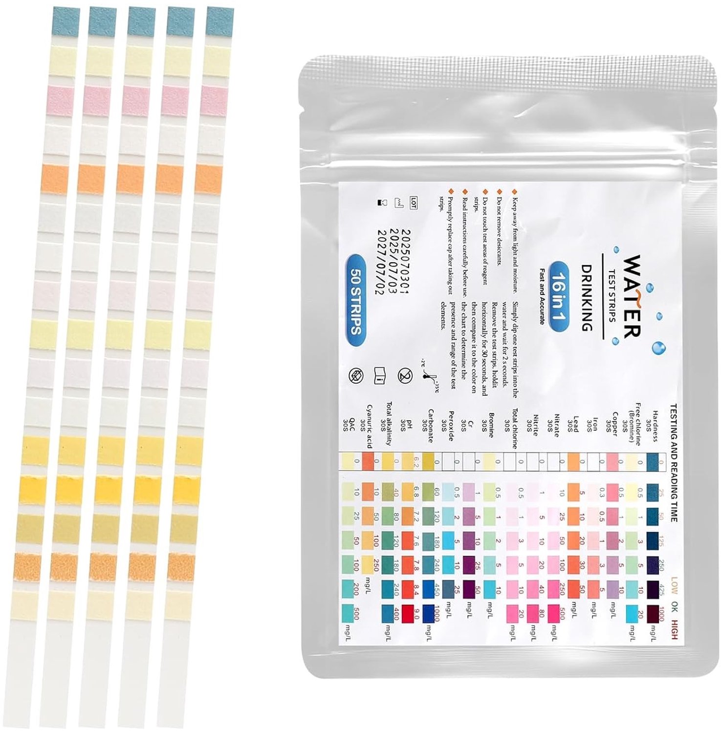 50x 16 in 1 Teststrips voor Drinkwater, pH Waarde, Waterkwaliteit, Hardheid en Verontreinigingen zoals Lood en Ijzer voor Thuis, Aquarium en Zwembad