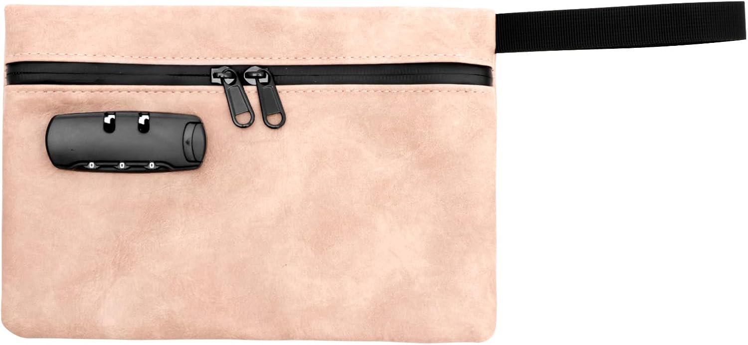 Tas met wachtwoordblokkering, 24,5 x 16,5 x 3 cm, geurdichte tas, waterdicht, met ritssluiting, binnenzak voor documenten, reizen, roze