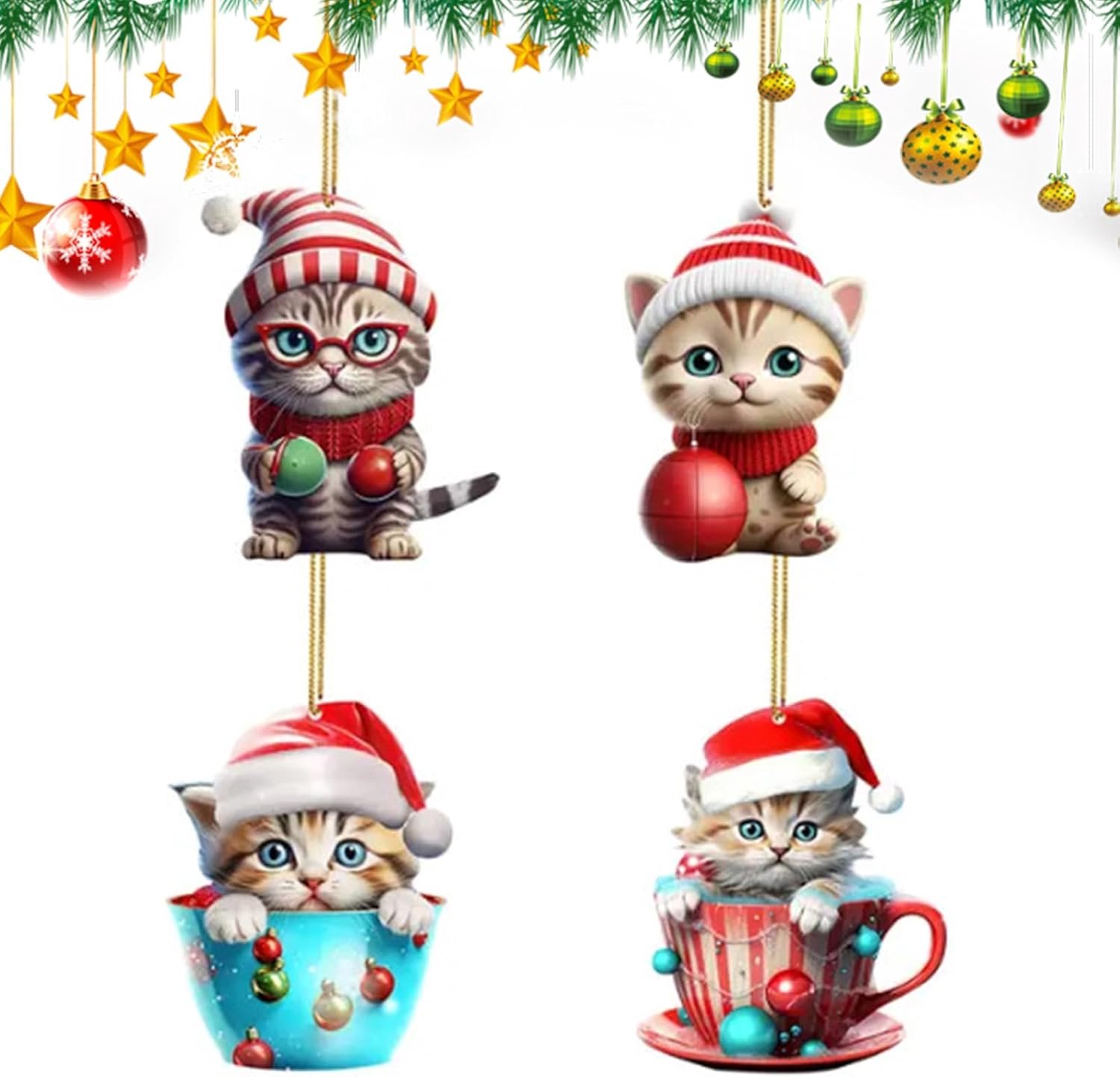 Katten Kerstbal - 2D Acrylaat Kerstkat Decoratie - Schattige Ambachten voor Binnen Raam Auto Deur Kinderkamer Muur