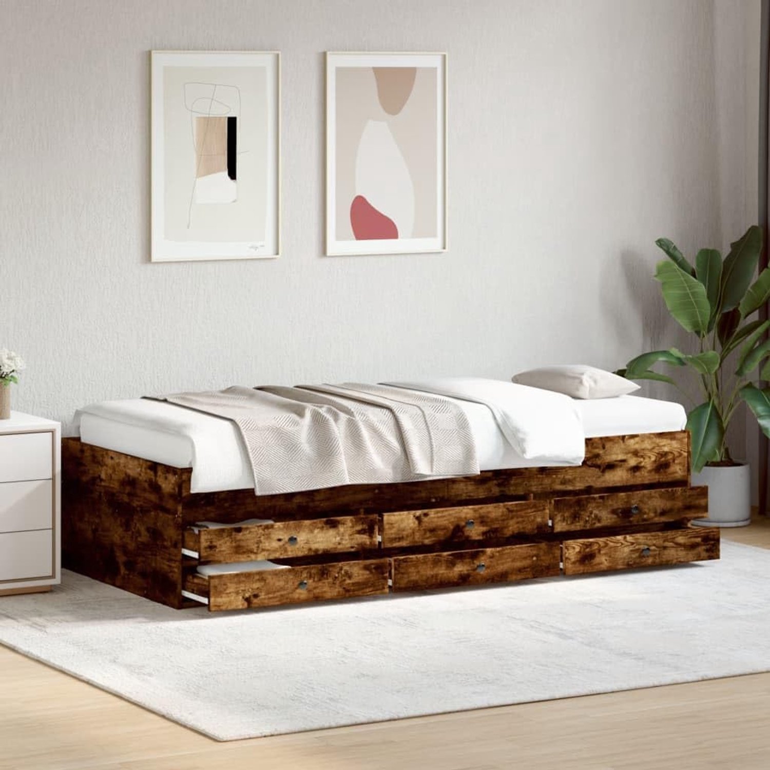 Dagbed met 6 schuifladen, zonder matras, rookeiken, 100 x 200 cm, uittrekbare 2-in-1 slaapbank als bank of bed met opbergruimte, robuust houten ontwerp voor woonkamer