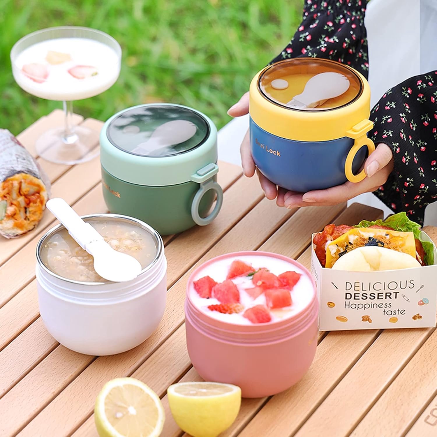 To-Go Cup 600ml Muesli Cup Yoghurt Cup Yoghurtblik Lekvrij Salad To-Go Cup Rvs Lunchbox To-Go & Opvouwbare Lepel voor Elke Ontbijtlunch - Roze