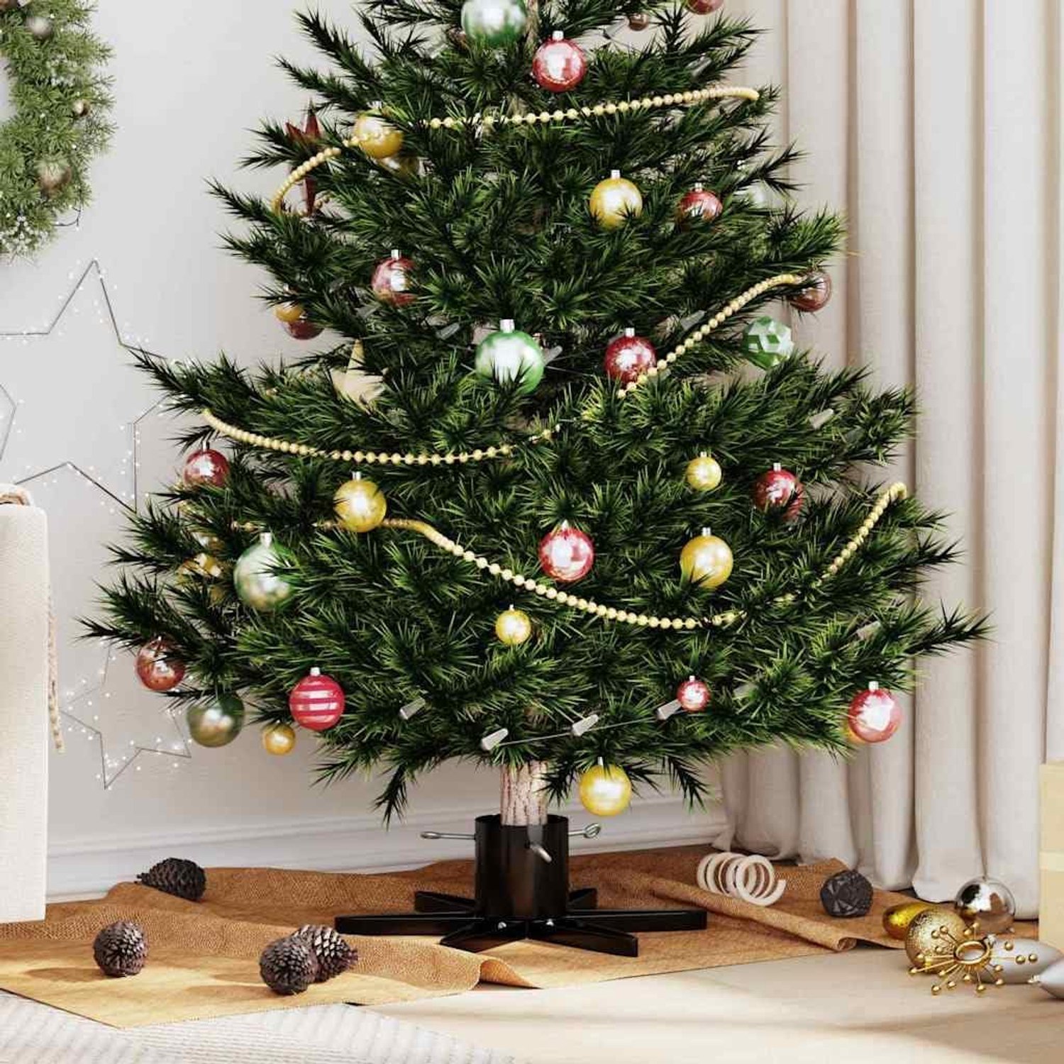 Kerstboomstandaard, zwart, metaal, sterdesign, 50 x 50 cm, voor echte dennen tot 13 cm stamdiameter, met waterreservoir