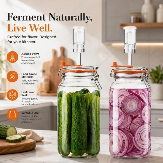 2 stuks fermentatieglazen, 2 liter, fermentatieglas met gistingsglas en gewicht voor zuurkool, kimchi, augurken en kombucha, 2 stuks — afbeelding 3