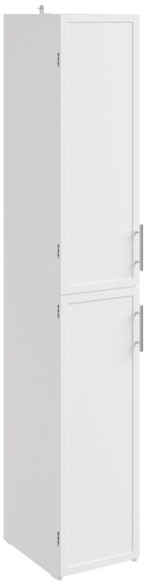 Hoge, slanke witte badkamerkast met twee deuren en zilverkleurige handgrepen.