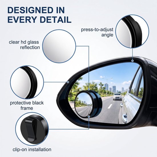 2 stuks 360° draaibare HD-dodehoekspiegels, verstelbare dodehoekspiegel, verstelbare zwenkhoek, HD-convexe spiegel, universele achteruitkijkspiegel voor auto’s, SUV’s en vrachtwagens, zwart — afbeelding 2
