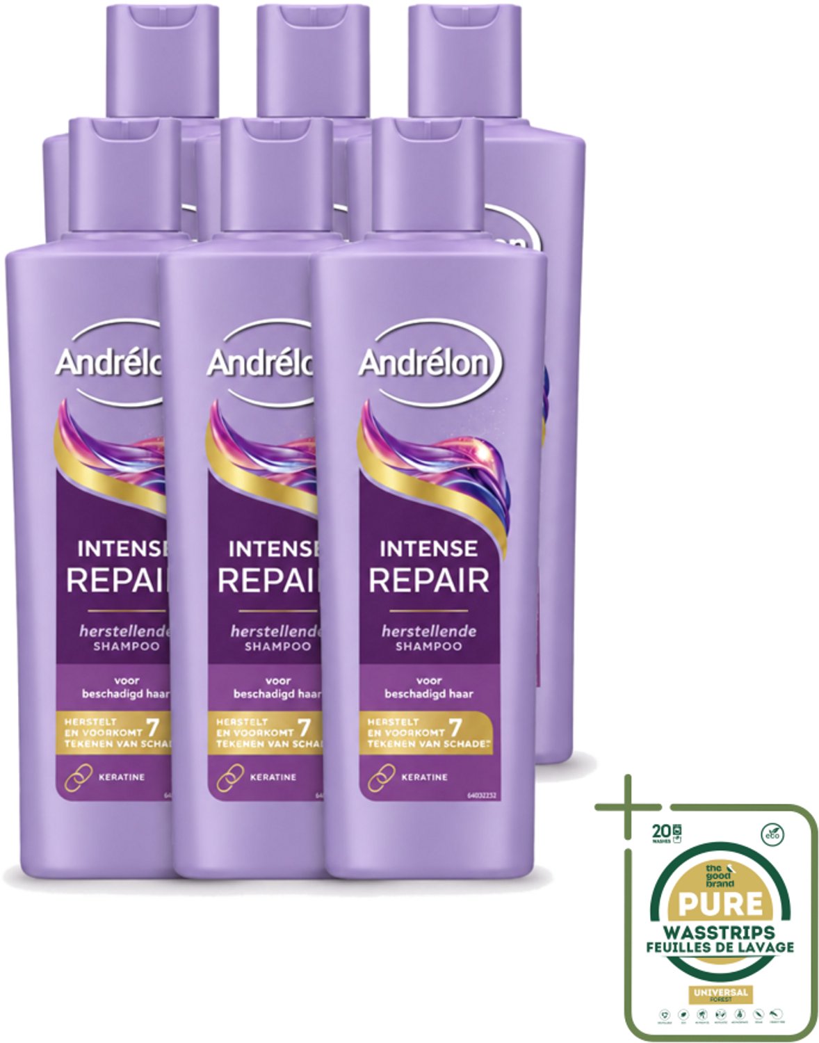 6 x Andrélon – Shampoo – Intense Repair – 250 ml - Wasstrips - Haar Herstellen - Beschadigd Haar - Keratine Shampoo - Haar Beschermen - Haar Herstel