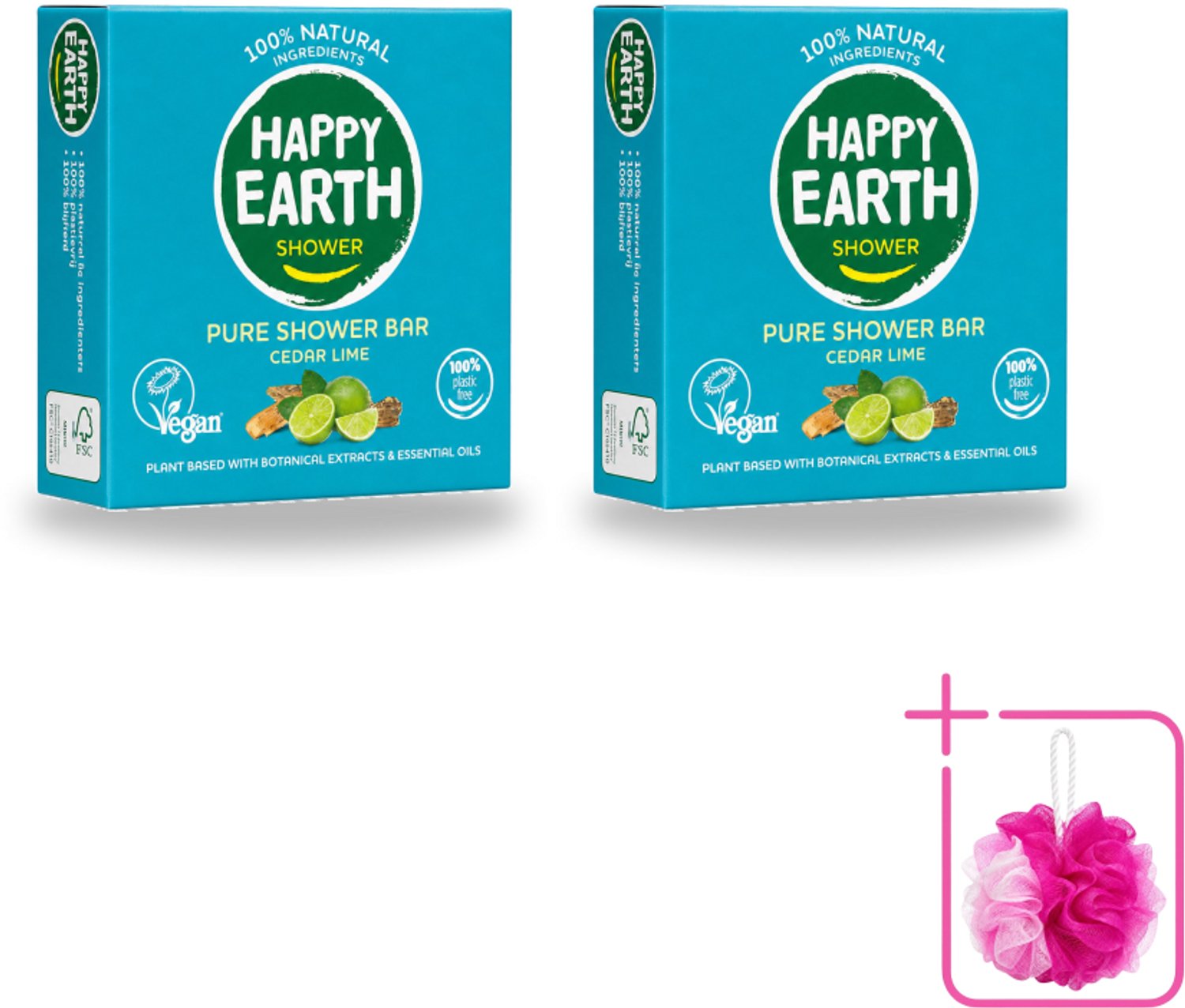 2 x Happy Earth – Shower Bar – 100% Natuurlijk Cedar Lime – 90 g - Bulkverpakking - Douchebar - Douchemop - Natuurlijke douche