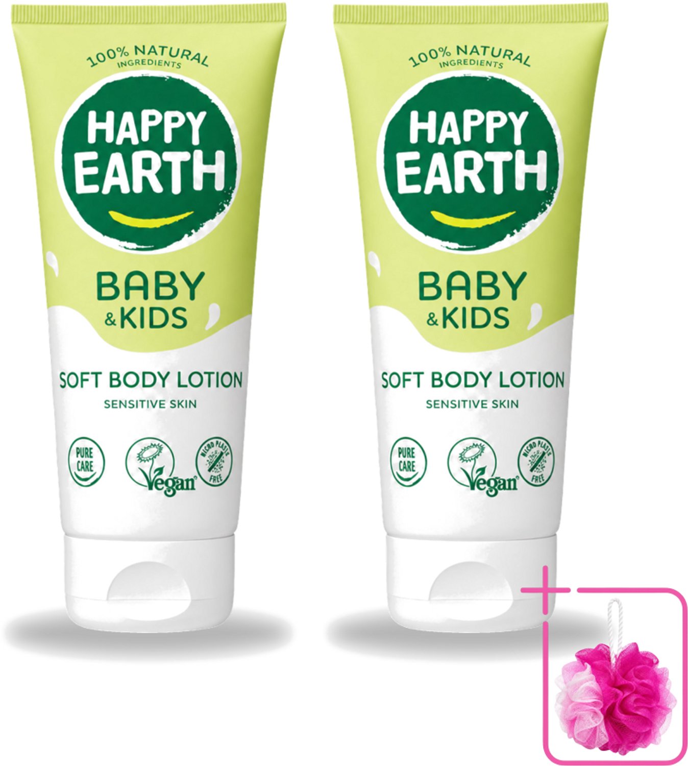 2 x Happy Earth – Bodylotion – 100% Natuurlijk Baby & Kids – 200 ml - Bulkverpakking - Babylotion - Douchemop - Kinderhuid