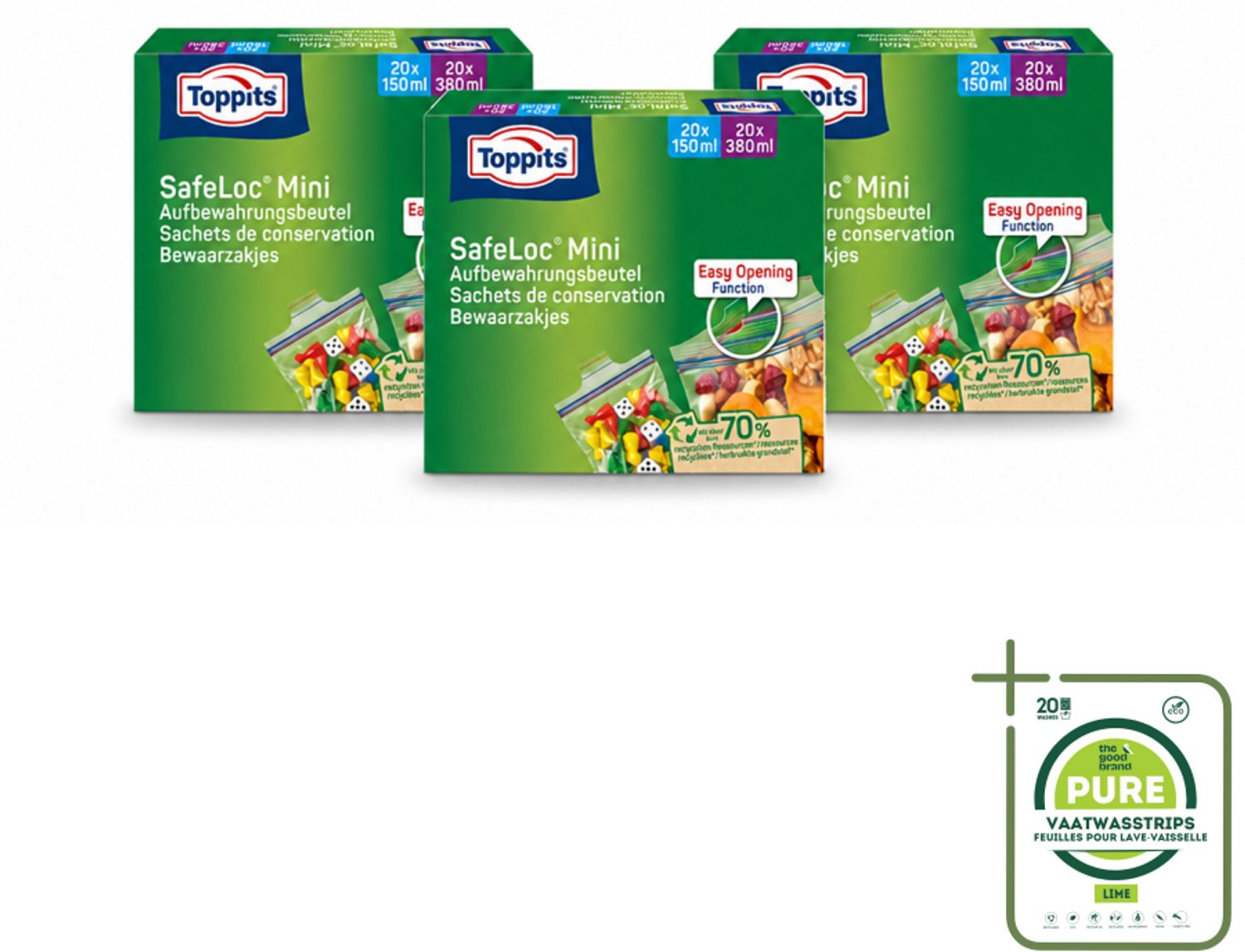 3 x Toppits – Safeloc Mini Zip-Zakjes – 40 Zakjes - Grootverpakking - Vaatwasstrips - Mini Zakjes - Lekvrij - Herbruikbaar - Scheurvast - Droog