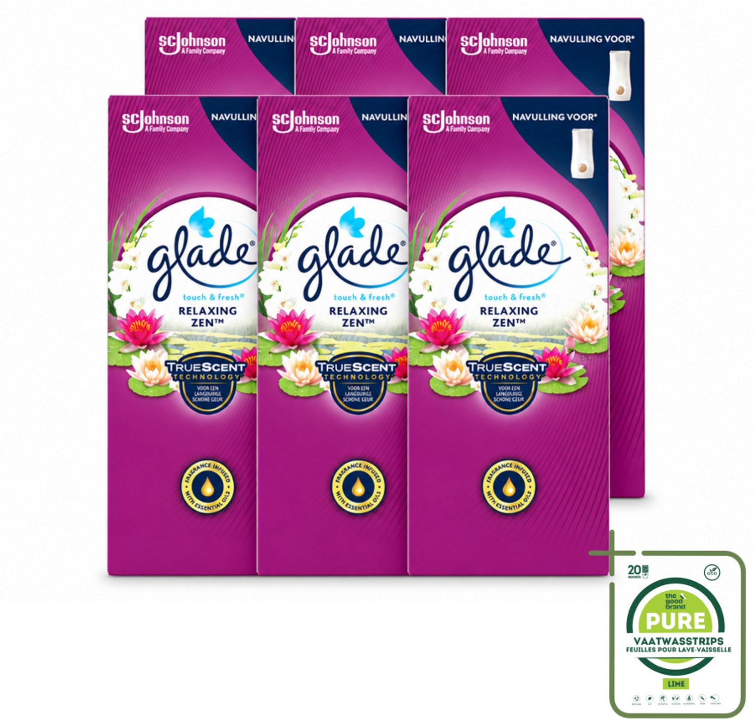 6 x Glade – Touch & Fresh Navulling – Relaxing Zen – 10 ml - Grootverpakking - Geurboost - Luchtverfrisser - Ontspannende Geur - Frisse Geur - Sandelhout