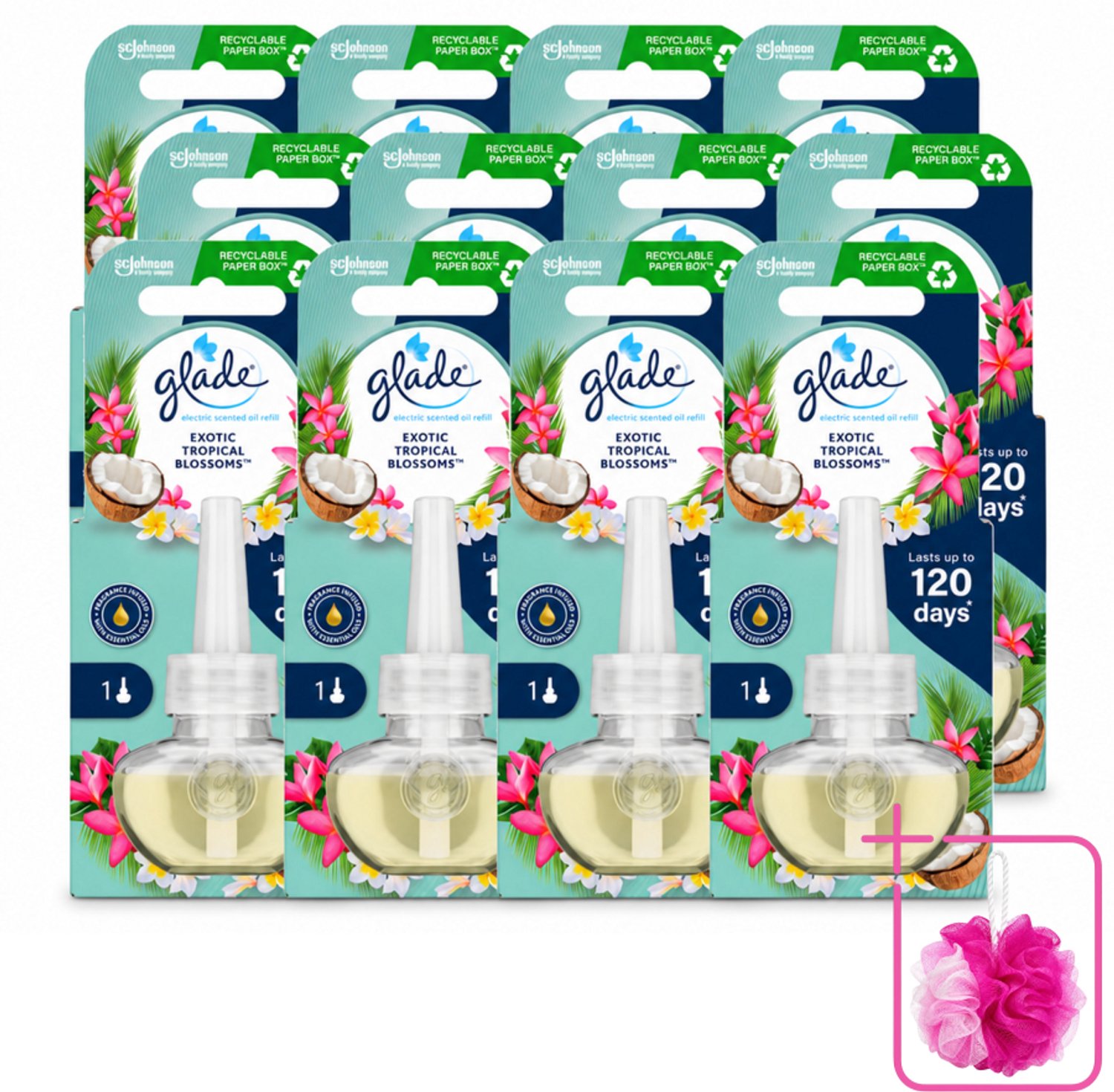 12 x Glade - Navulling Elektrische Olie - Exotic Tropical Blossoms - Zonder Houder - Bulkverpakking - Tropische geur - Douchemop - Monoi olie
