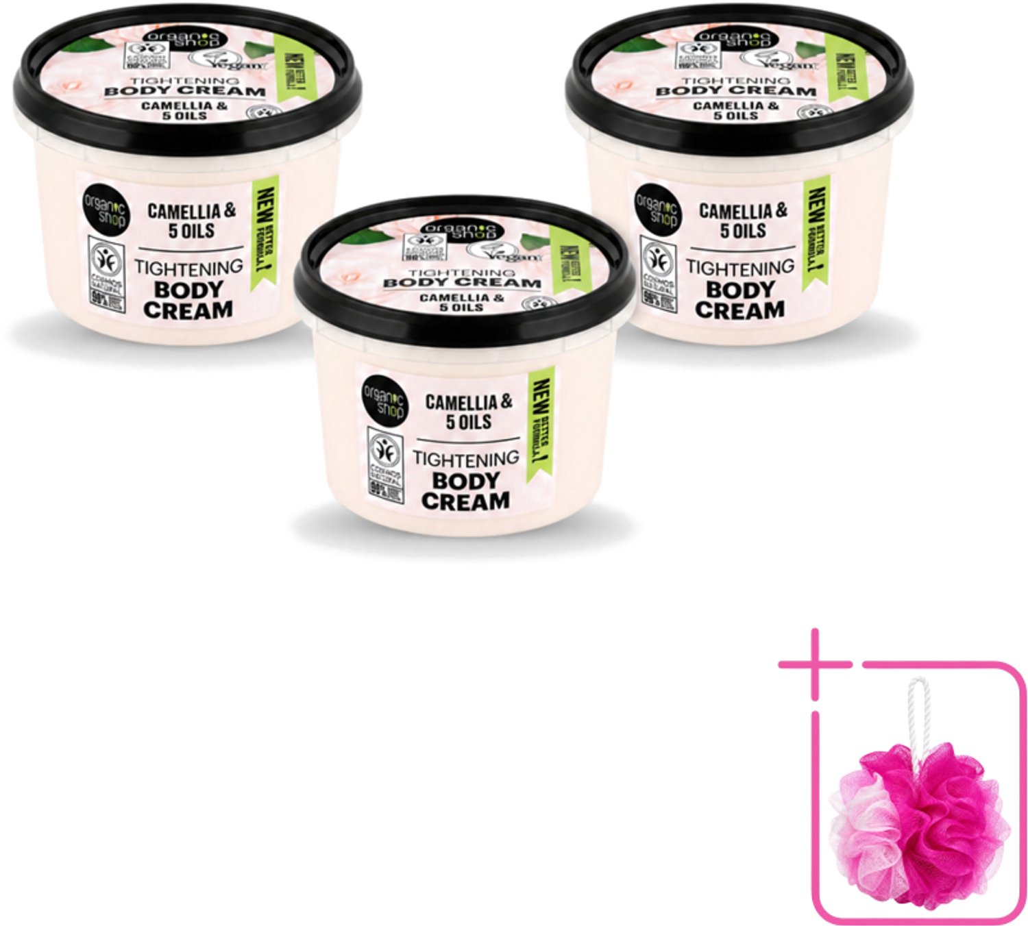 3 x Organic Shop - Organic Camellia & 5 Oils Body Cream - Verzachtend en Hydraterend - 250 ml - Bulkverpakking - Organische bodycrème - Douchemop - Japanse kamelia