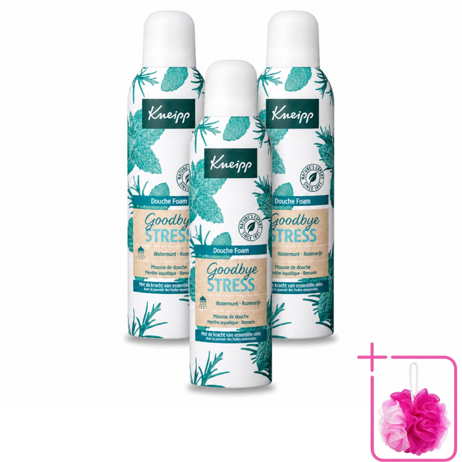 3 x Kneipp - Douche schuim - Goodbye Stress - Watermunt & Rozemarijn - 200 ml - Bulkverpakking - Douche foam - Douchemop - Stress verlichten