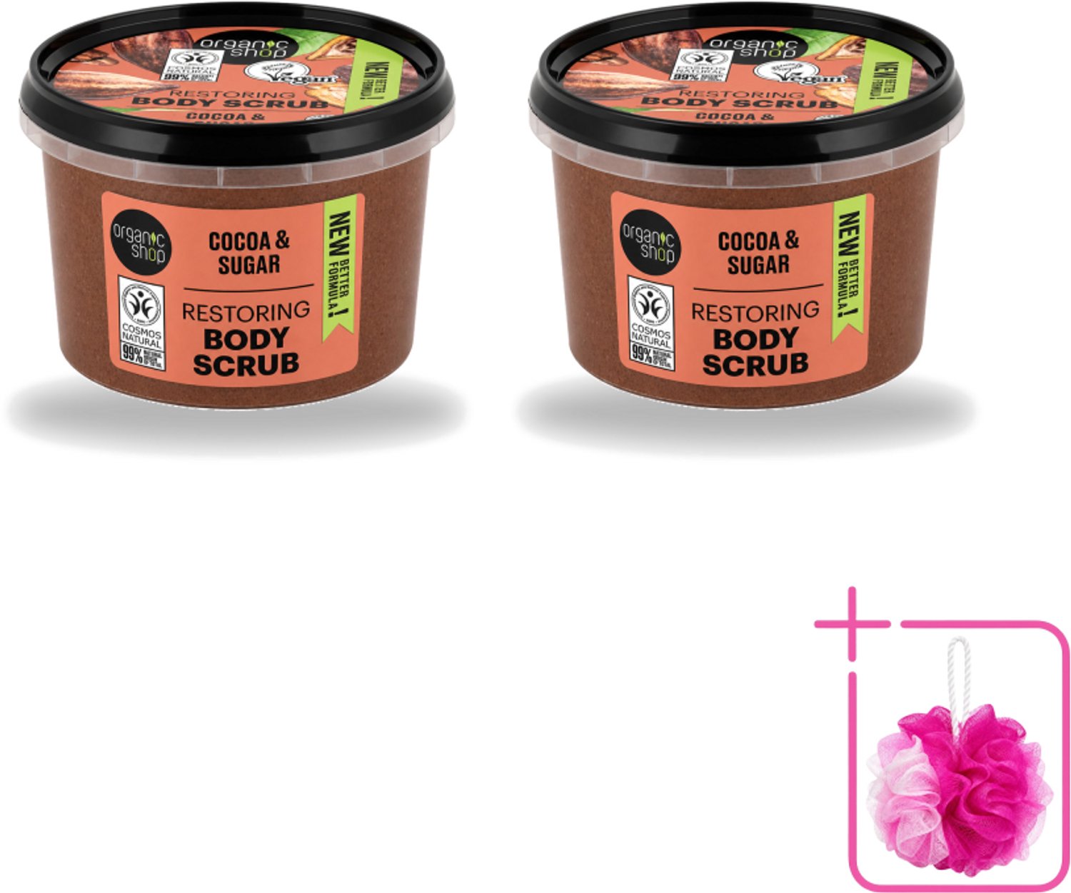 2 x Organic Shop - Body Scrub Cocoa - Rijke Hydratatie - 250 ml - Bulkverpakking - Bodyscrub - Douchemop - Exfoliatie
