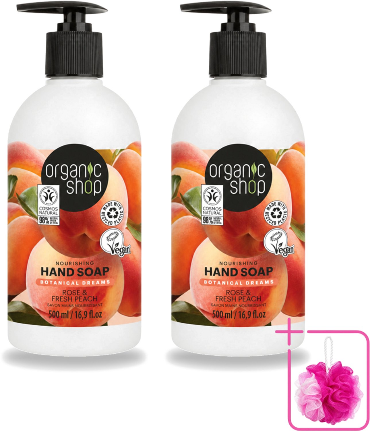 2 x Organic Shop - Handzeep Rose & Peach - Verzorgend en Hydraterend - 500 ml - Bulkverpakking - Handzeep - Douchemop - Natuurlijke handverzorging