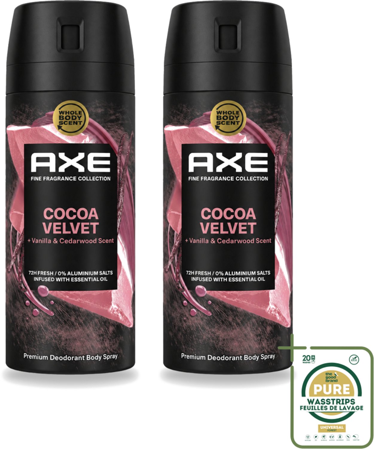 2 x Axe – Deodorant – Cocoa Velvet – 150 ml - Wasstrips - Deodorant - Bodyspray - Geur - Frisheid - Lichaamsgeur