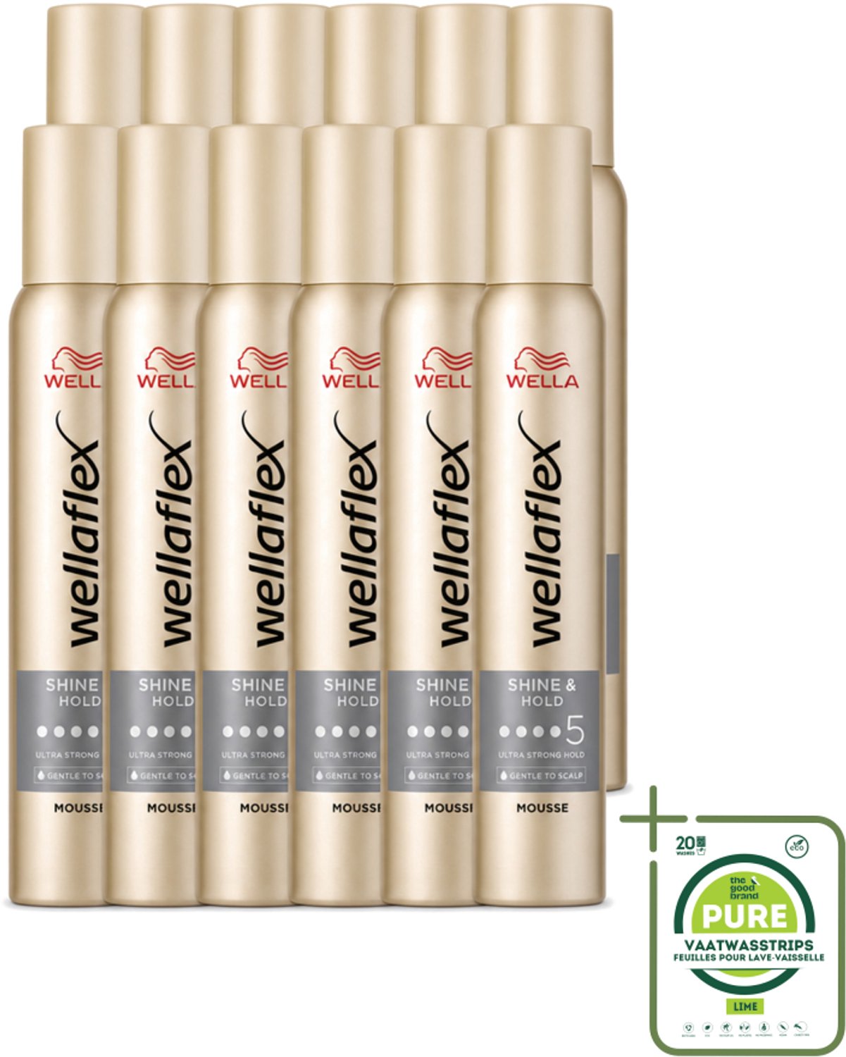 12 x Wella – Flex Shine & Hold – Haarmousse – 200 ml - Grootverpakking - Vaatwasstrips - Glans - Houdbaarheid - Haarverzorging - UV Bescherming - Vegan Haarproduct