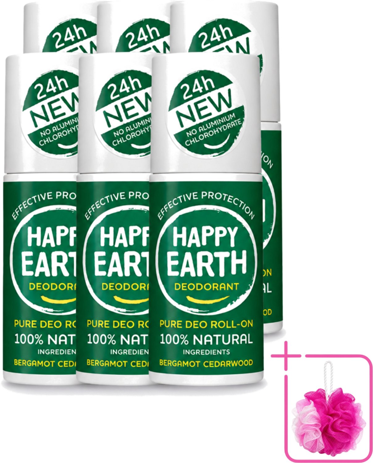 6 x Happy Earth – Deodorant Roll-On – 100% Natuurlijk Bergamot Cedarwood – 75 ml - Bulkverpakking - Bergamot - Cederhout
