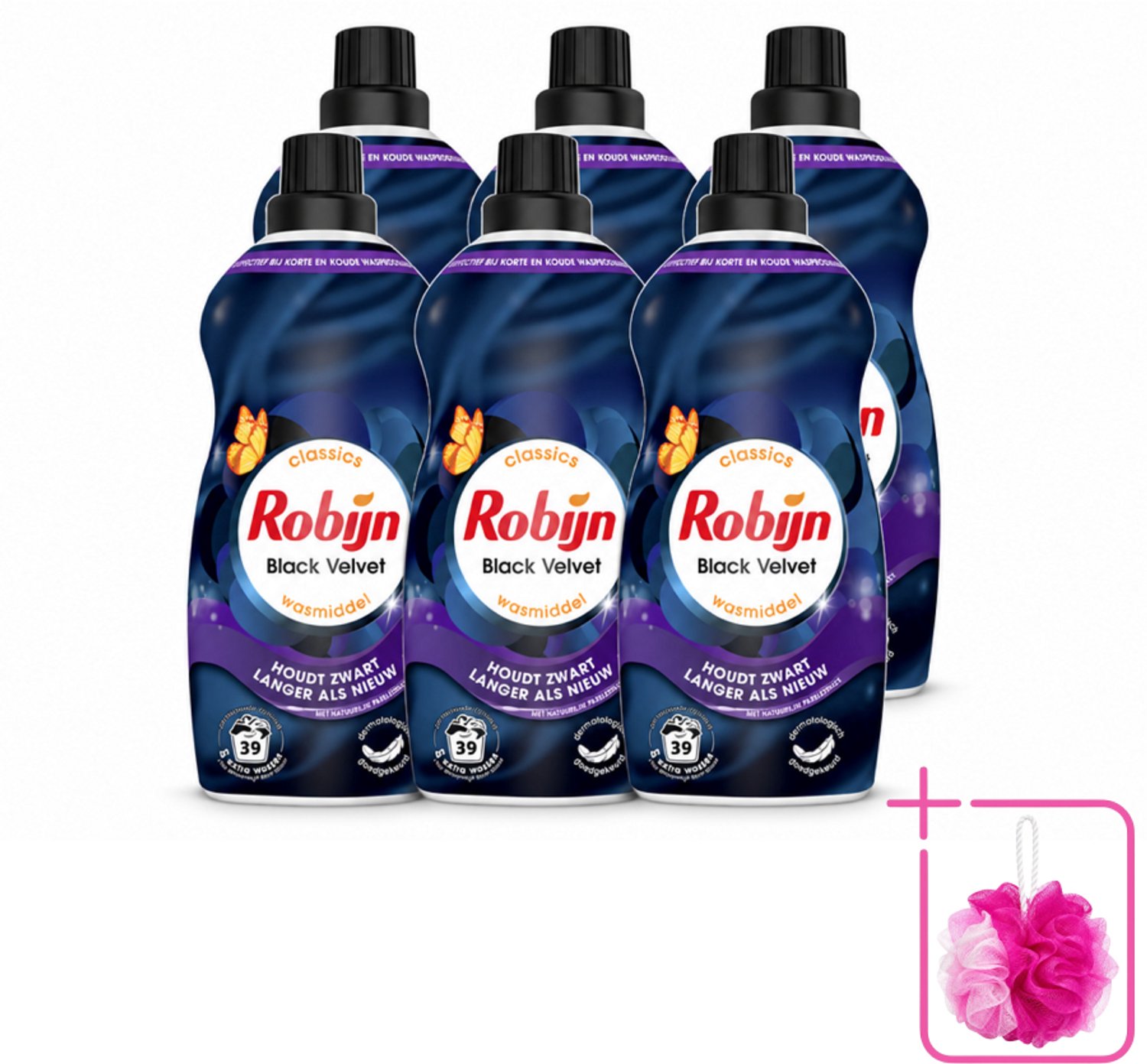 6 x Robijn – Vloeibaar Wasmiddel – Klein & Krachtig Black Velvet – 1,19 L - Bulkverpakking - Zwarte was - Douchemop - Donker was