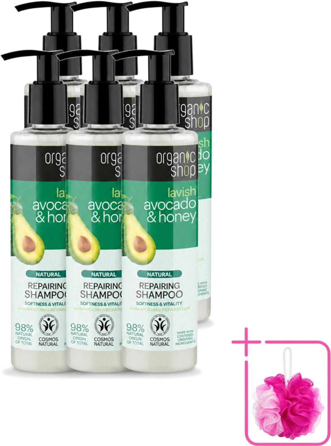 6 x Organic Shop - Natural Repairing Shampoo - Avocado & Honey - Hydraterend en Herstellend - 280 ml - Bulkverpakking - Natuurlijke shampoo - Douchemop - Avocado en honing