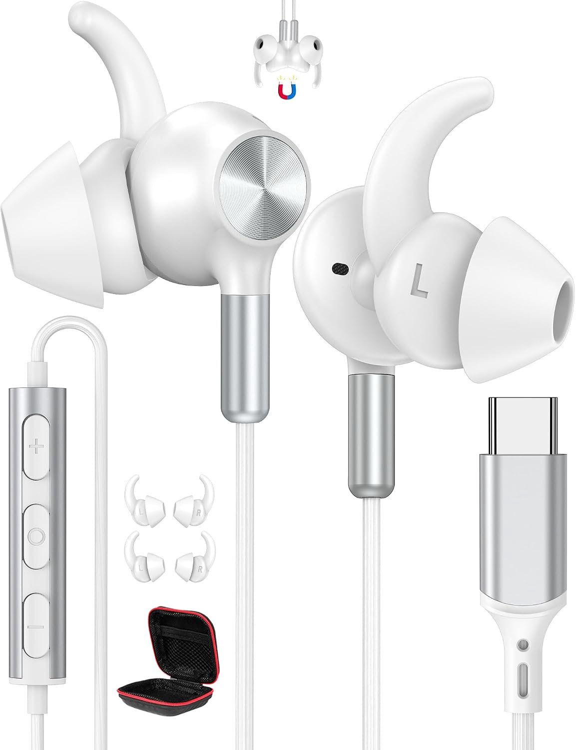 USB C bedrade sporthoofdtelefoon voor Samsung A16 A56 A36 S25 HiFi Stereo Magnetische Oortelefoon USB Type C Oortelefoon Intra-Oordopjes met Microfoon voor iPhone 16 15 Pixel 9a One Plus Hardlopen/Gym