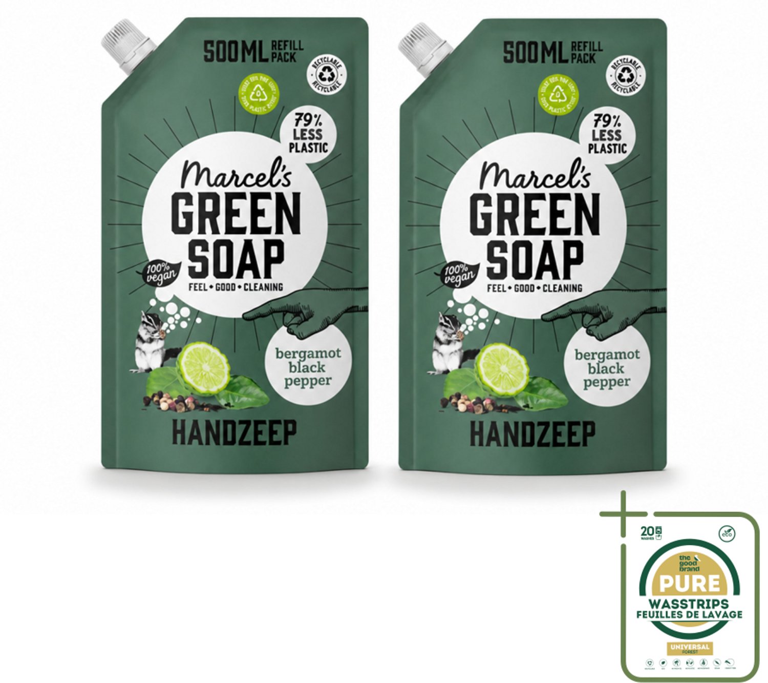 2 x Marcel's Green Soap - Handzeep - Bergamot & Black Pepper - Natuurlijke verzorging - 500 ml - Wasstrips - Handzeep Bergamot En Zwarte Peper - Natuurlijke Handzeep - Biologische Handzeep - Handzeep Navulling - Handzeep Met Geur