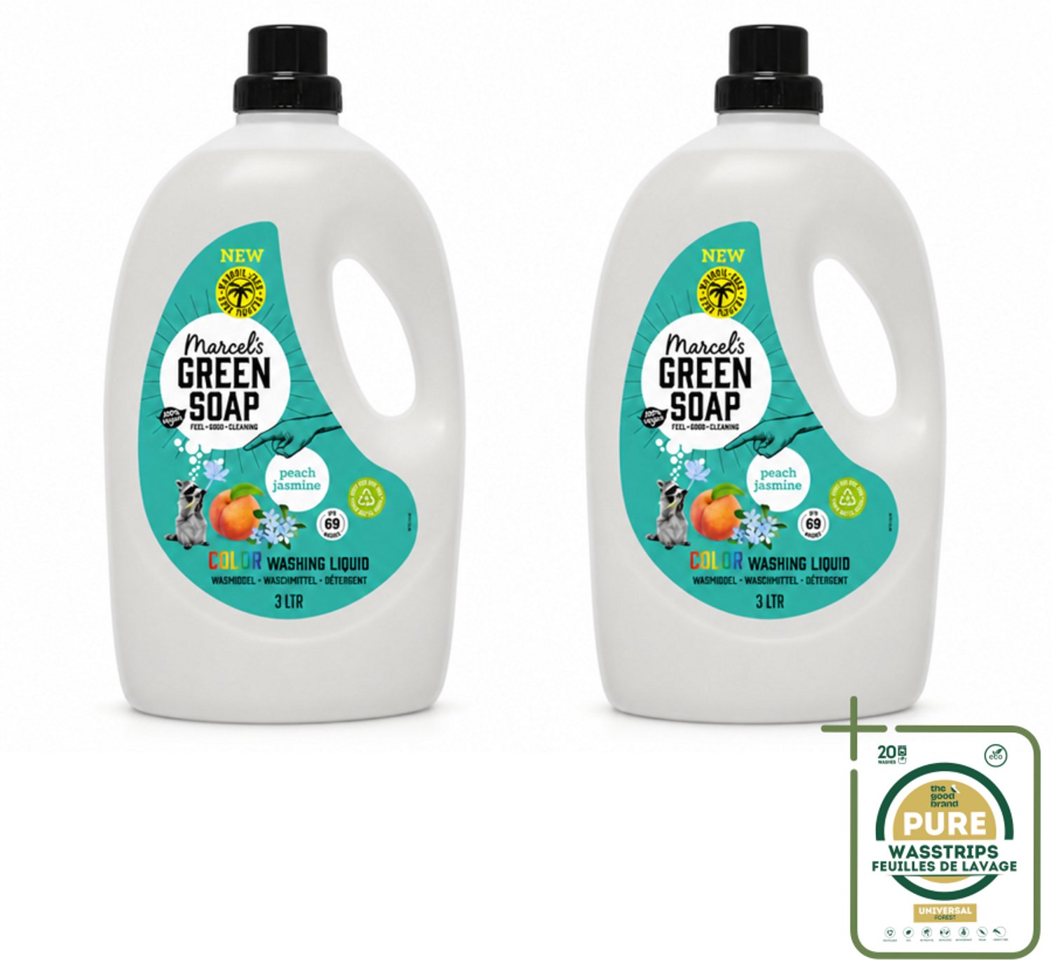 2 x Marcel's Green Soap - Vloeibaar Wasmiddel - Kleurwas - Perzik & Jasmijn - Natuurlijk & effectief - 69 wasbeurten - 3 liter - Wasstrips - Vloeibaar Wasmiddel - Geel Wasmiddel - Geur Wasmiddel - Gezond Wasmiddel - Duurzaam Wasmiddel