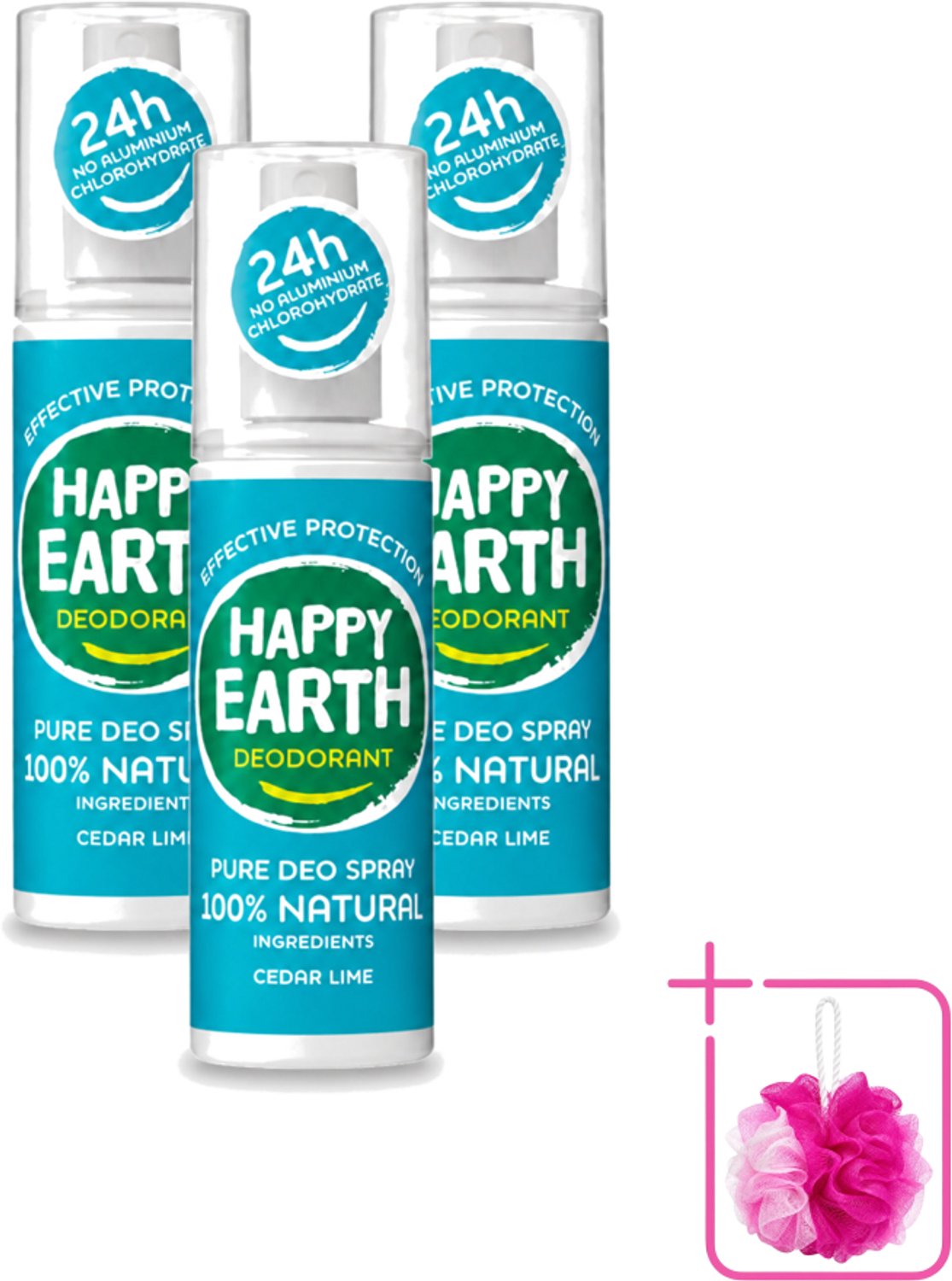3 x Happy Earth – Deodorant Spray – 100% Natuurlijk Cedar Lime – 100 ml - Bulkverpakking - Deodorant spray - Fris geur