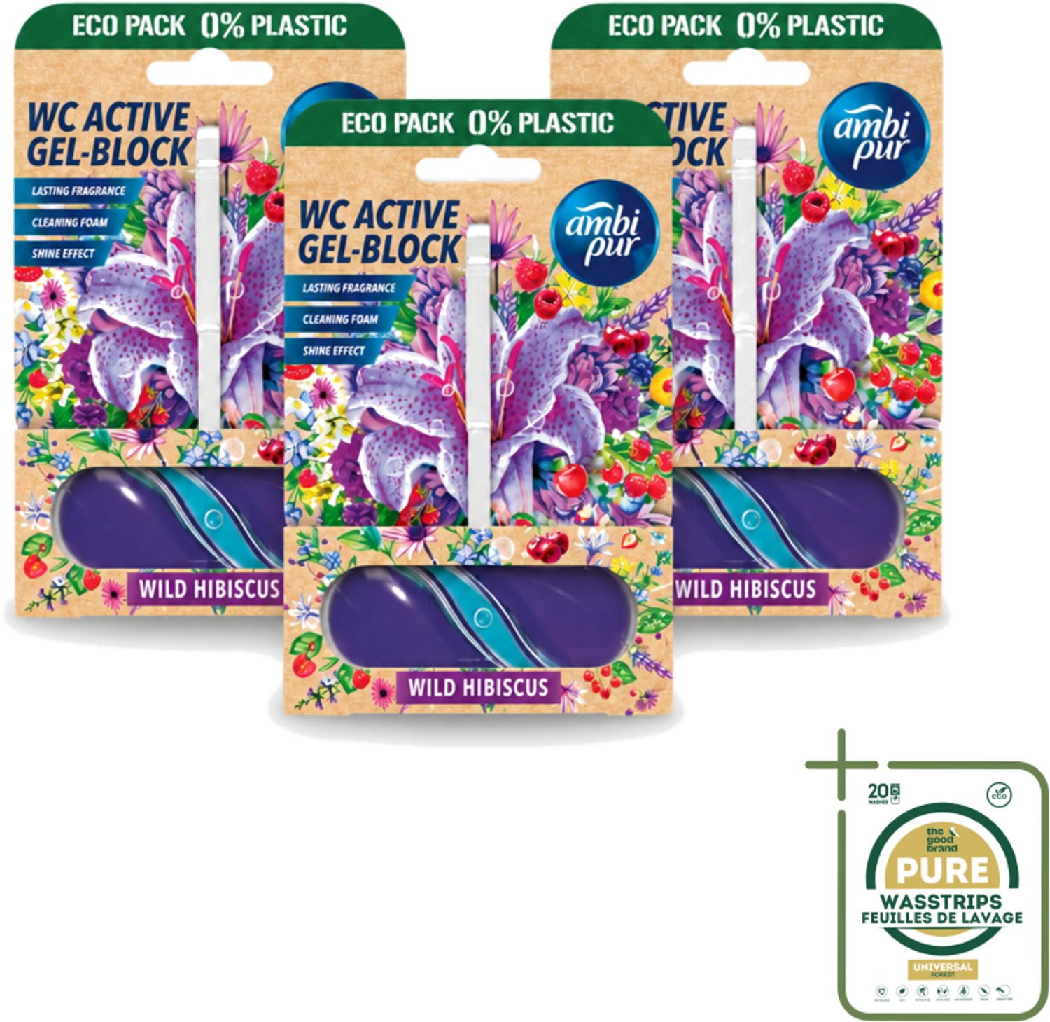 3 x Ambi Pur – Toiletblok – Wild Hibiscus – 45 g - Wasstrips - Toiletblok - Fris Toilet - Toiletverfrisser - Geur In Badkamer - Kalkaanslag Voorkomen