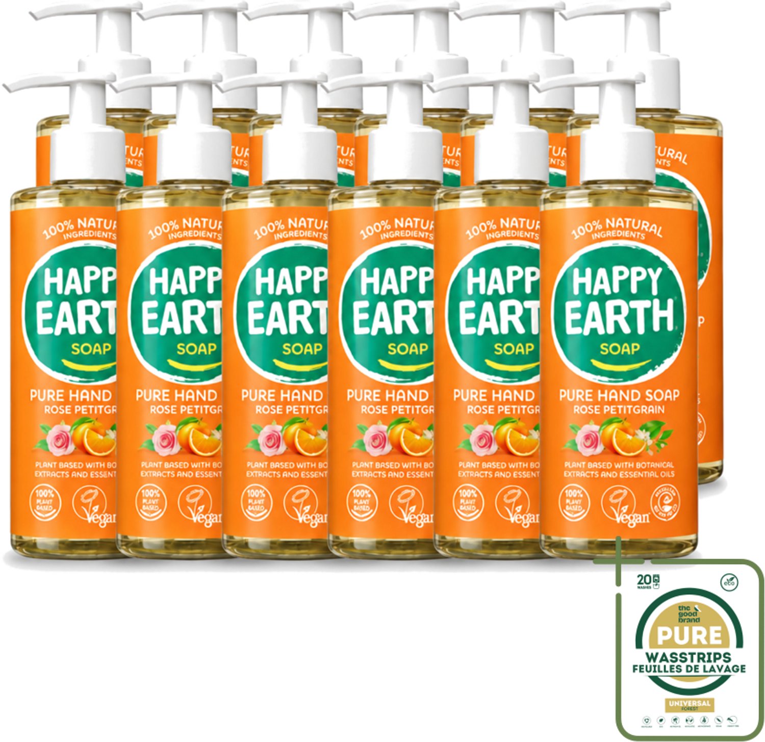 12 x Happy Earth – Handzeep – 100% Natuurlijk Rose Petitgrain – 300 ml - Wasstrips - Handzeep - Natuurlijke Handzeep - Vegan Handzeep - Rose Petitgrain - Bloemige Geur