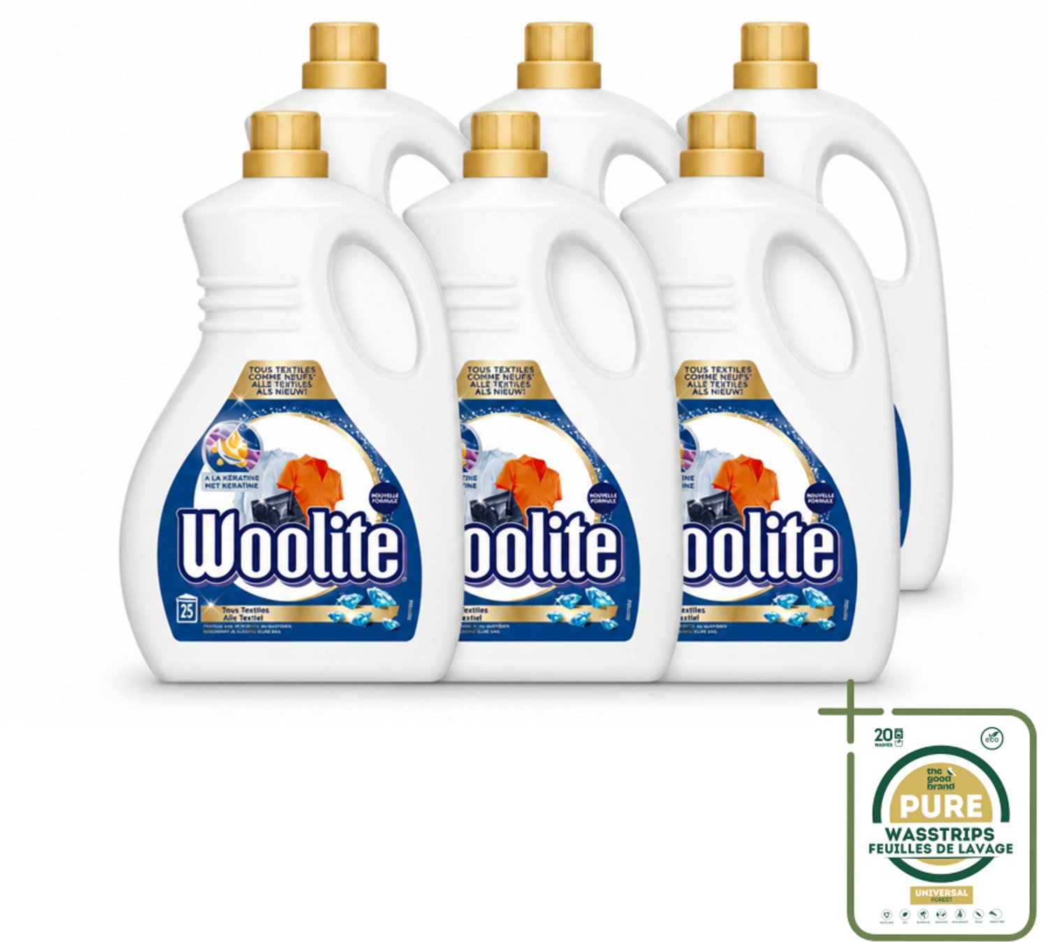 6 x Woolite - Wasmiddel - Vloeibaar Wasmiddel - Alle textiel - 25wb/1,5L - Wasstrips - Wasmiddel Voor Textiel - Keratine Wasmiddel - Textiel Verzorging - Pluisvorming Voorkomen - Vezelbescherming