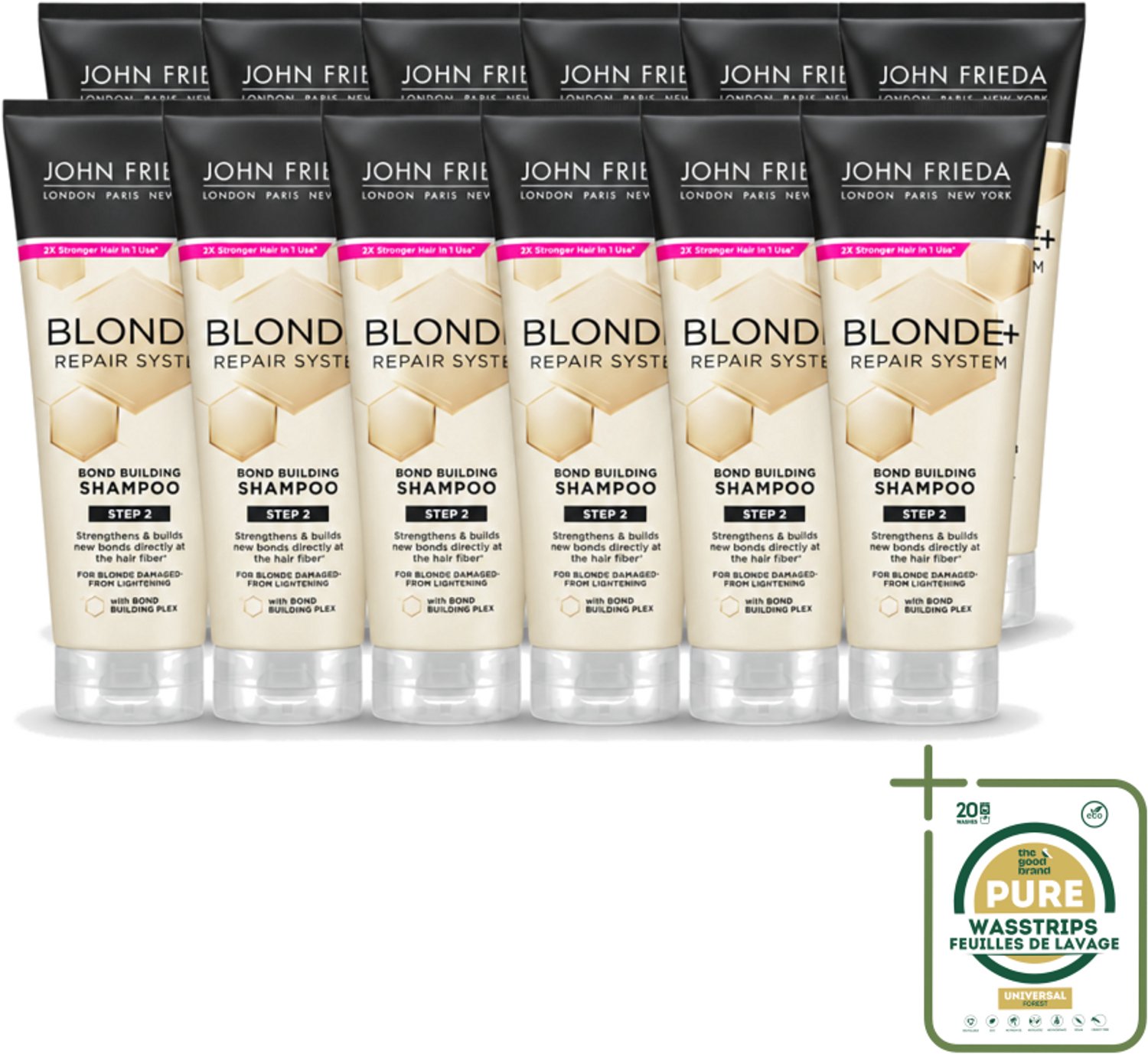 12 x John Frieda – Shampoo – Blonde+ Repair Bond Building – Herstellend – 250 ml - Wasstrips - Blond Haar Herstellen - Beschadigd Haar Herstellen - Bond Building Shampoo - Herstel Shampoo - Blonde Haar Herstellen