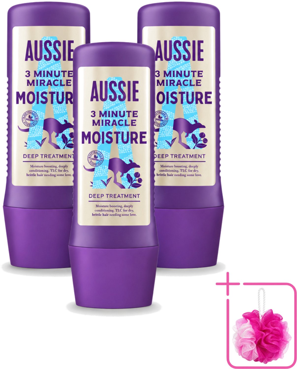 3 x Aussie - Haarmasker - 3 Minute Miracle Moisture - Intensief - Vegan Verzorging - 225 ml - Bulkverpakking - Haarmasker - Douchemop - Haarhydratatie