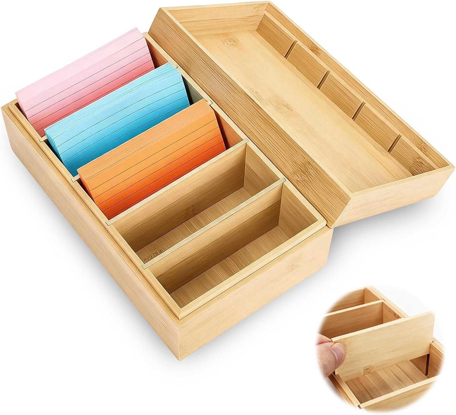 Houten indexkaartenbox, 22,2 x 12,7 x 9 cm, leerdoos met 4 uitneembare vakken, indexkaartenbox met deksel, indexkaartenboxen voor kantoor, scholen en thuis (indexkaarten niet inbegrepen)