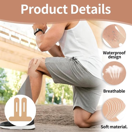Kinesiotape voor Knie Ondersteuning - 10 Stuks Elastische Fysioband Beige, Waterdicht en Ademend voor Pijnverlichting bij Sport, Fitness en Yoga — afbeelding 2