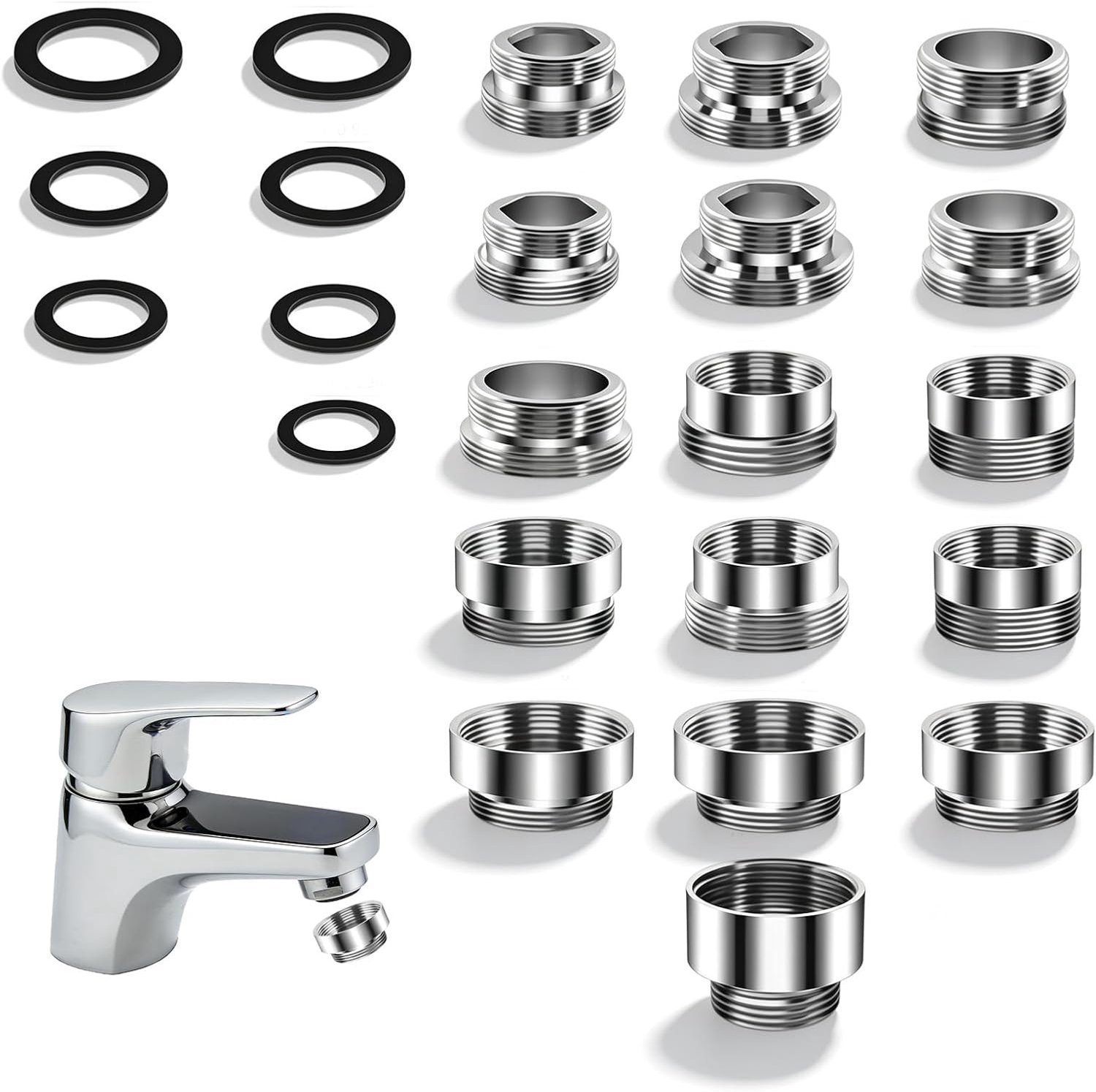 Adapter voor kraan, adapter voor keukenkraan met 16 metalen onderdelen en rubberen afdichtingen, **Compatibel met** - ShopVlot