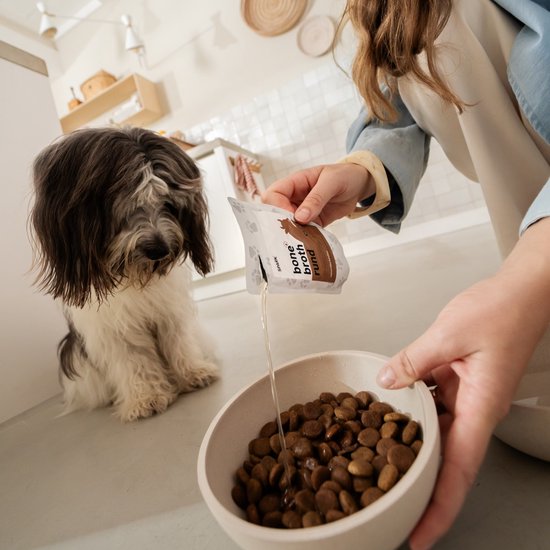 Een hond kijkt toe terwijl er bottenbouillon van eend in zijn voerbak wordt gegoten.