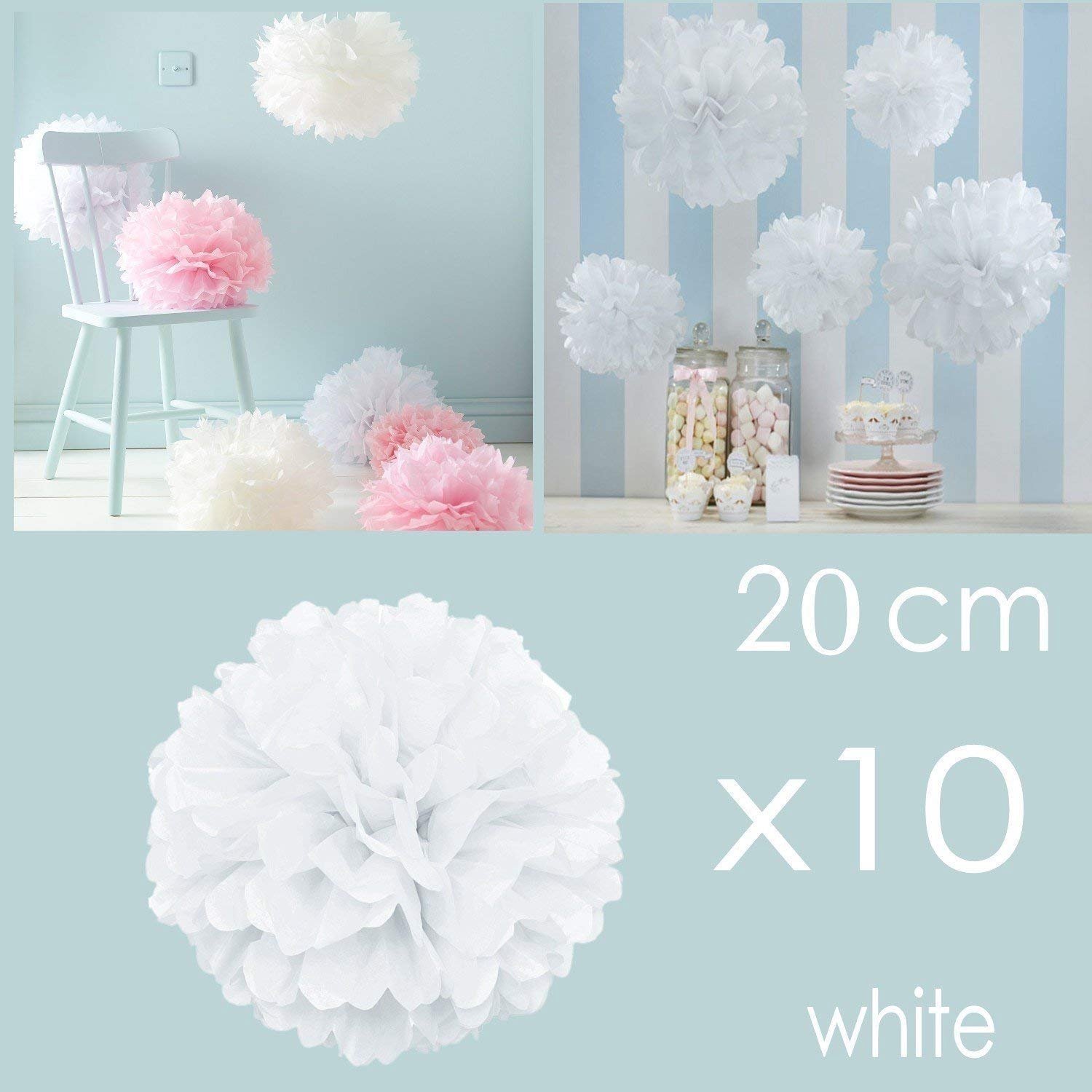 JZK 10 stuks 20 cm witte papieren stoffen pompons decoratieve accessoires voor bruiloft, verjaardag, doop, gemeenschapsfeesten, decoratie voor feest,