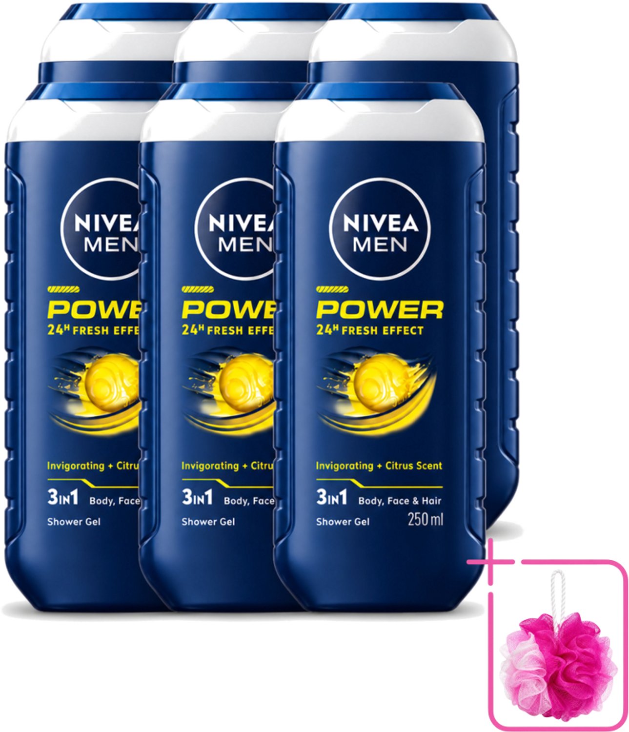 6 x Nivea - Men - Douchegel - Power Refresh - 250 ml - Bulkverpakking - Douchegel voor mannen - Douchemop - 3-in-1 douchegel