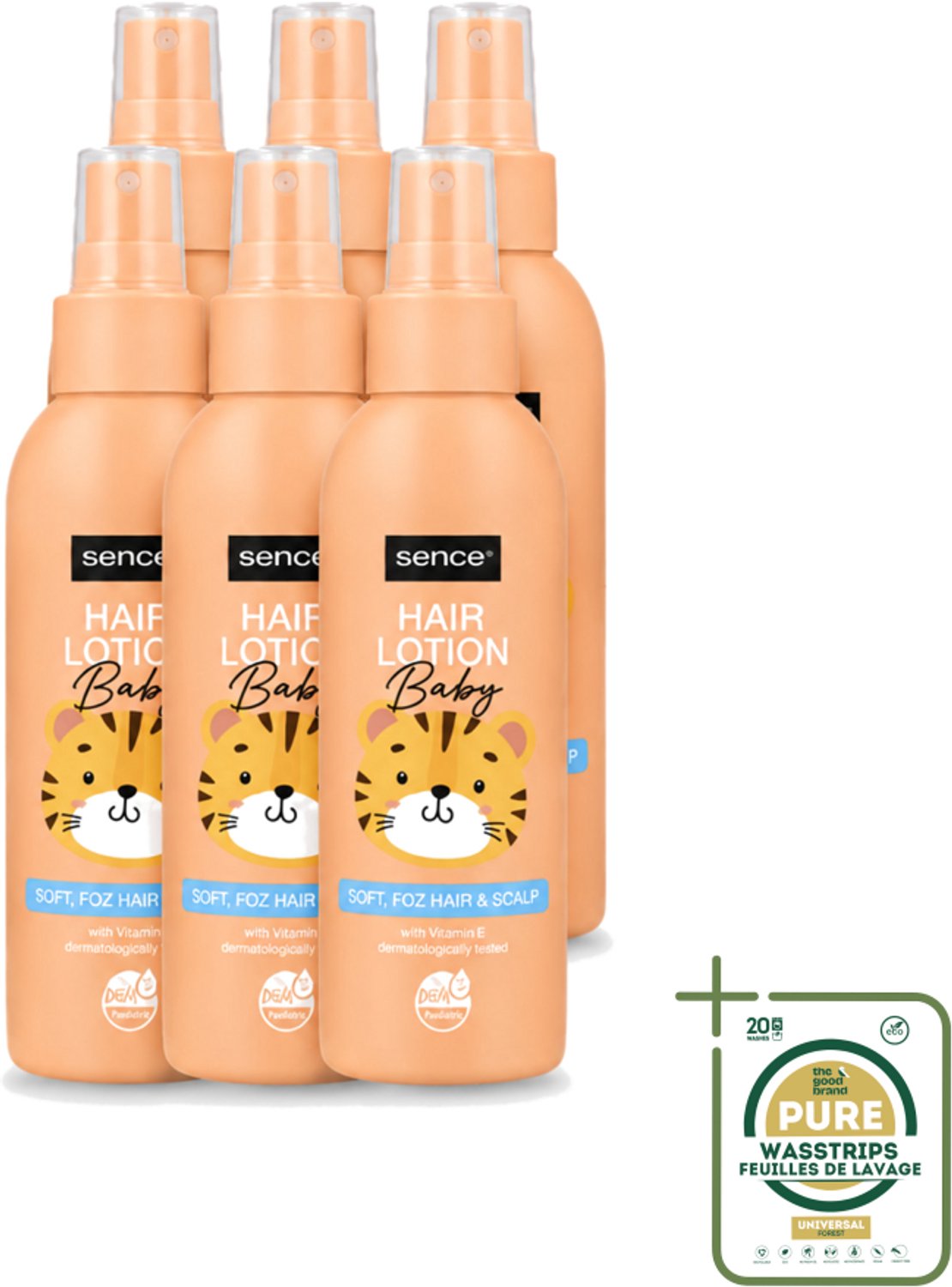 6 x Sence Baby – Haarlotion – Verzorgend – 150 ml - Wasstrips - Baby Haar Lotion - Baby Haar Verzorging - Gevoelige Hoofdhuid - Vegan Haarlotion - Milde Haarlotion