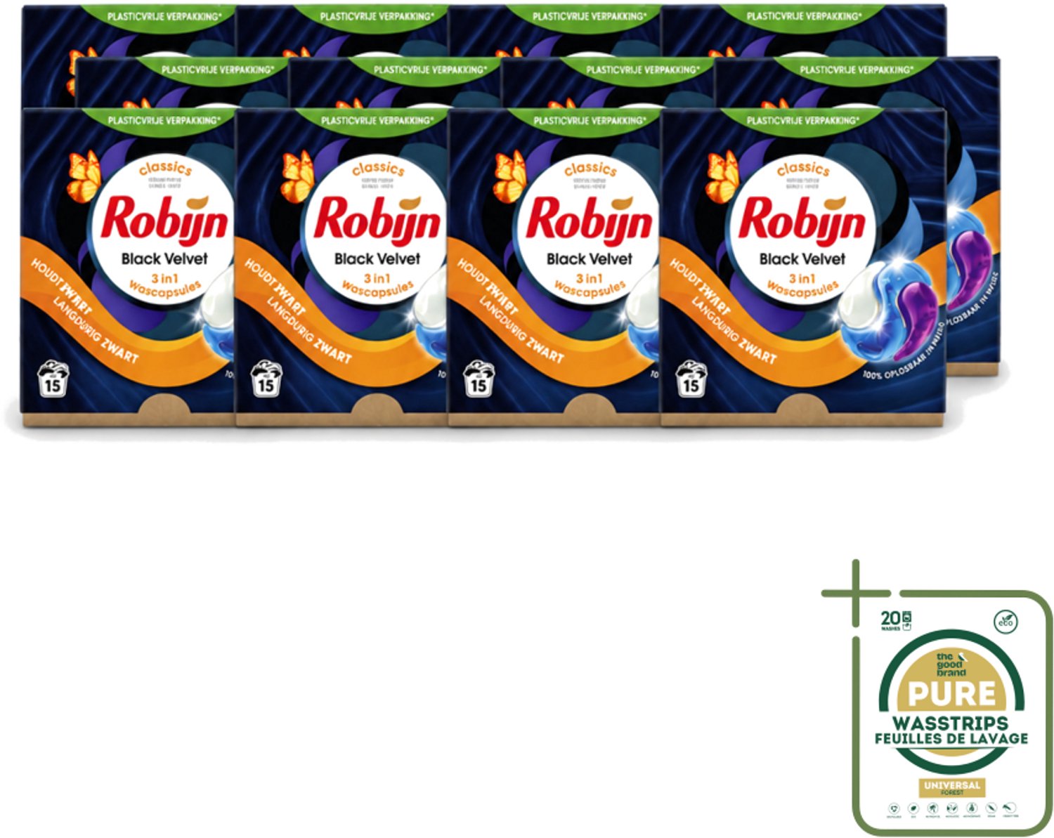 12 x Robijn – 3-in-1 Wascapsules – Black Velvet – 15 capsules - Wasstrips - Zwarte Was - Kleurbehoud - Wascapsules - Black Serum - Zwart Kleding