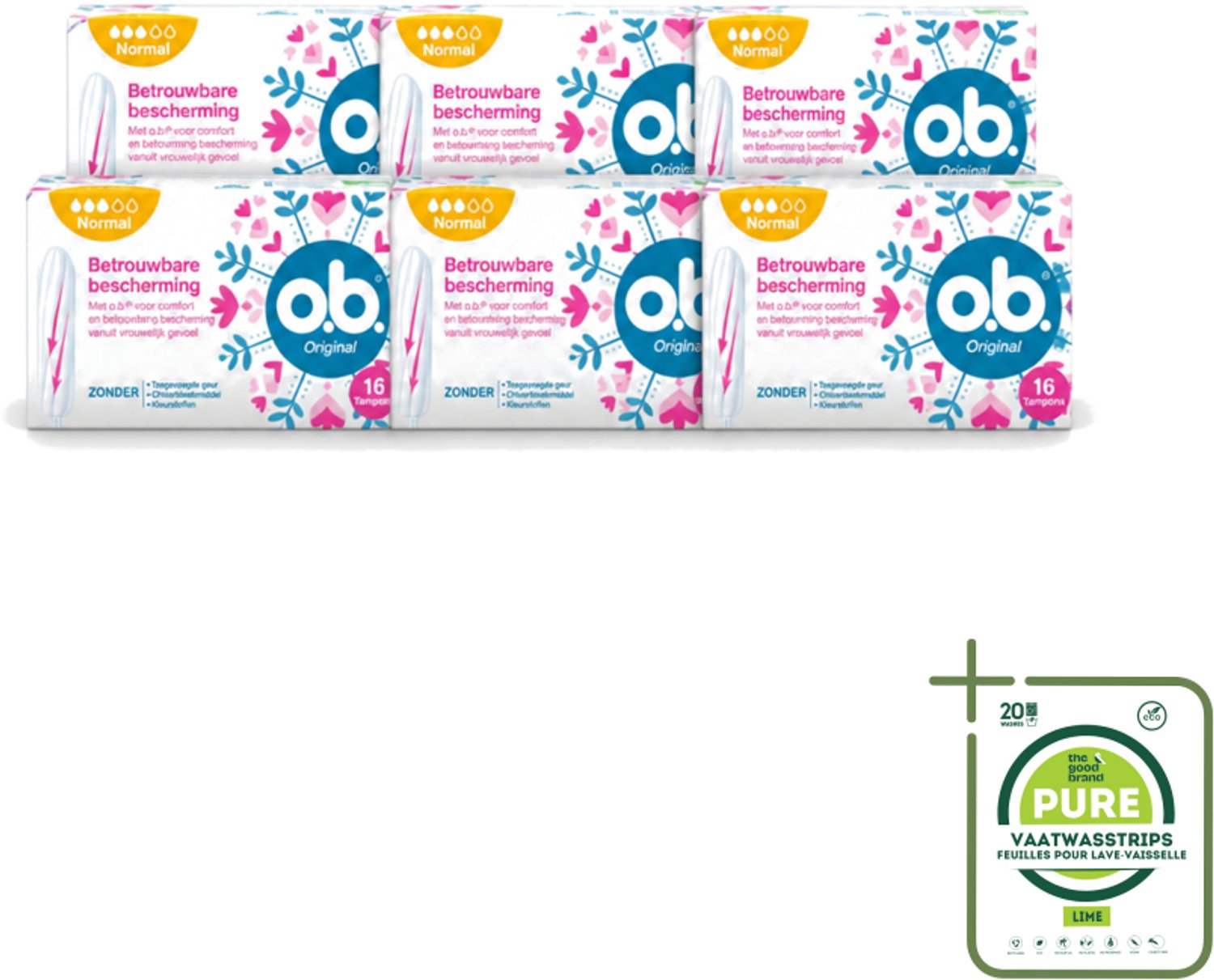 6 x o.b. Tampons - Original Normal - Voor Comfort en Betrouwbare Bescherming - 16 Tampons - Grootverpakking - Vaatwasstrips - Tampons - Menstruatiebescherming - Plantaardige Tampons - Chloorvrije Tampons - Parfumvrije Tampons