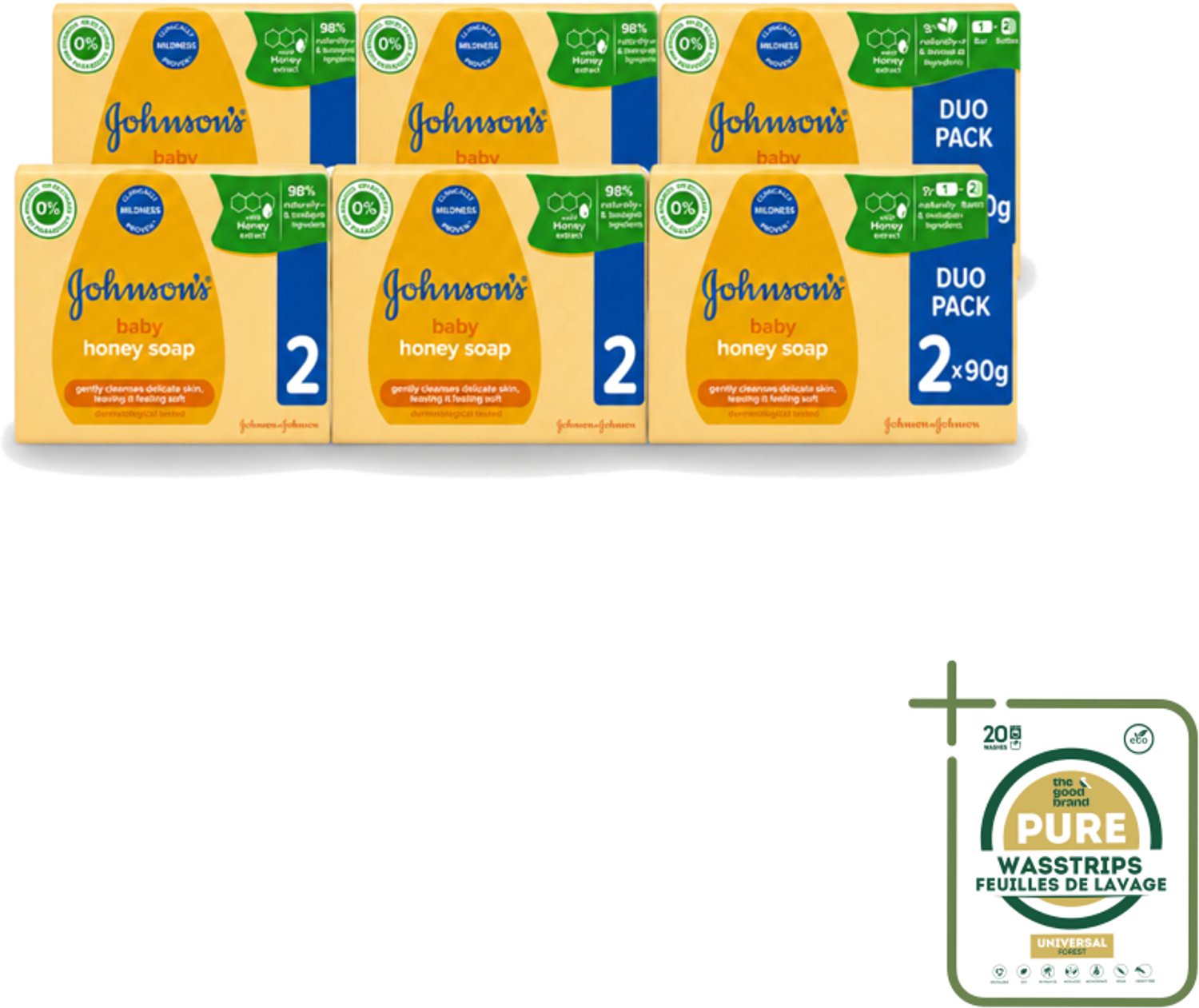 6 x Johnson's - Baby Honey Soap - Zacht - Reinigt Gevoelige Huid - 2 x 90 g - Wasstrips - Babyhuid Reinigen - Honing Zeep - Gevoelige Huid - Zachte Zeep - Dermatologisch Getest