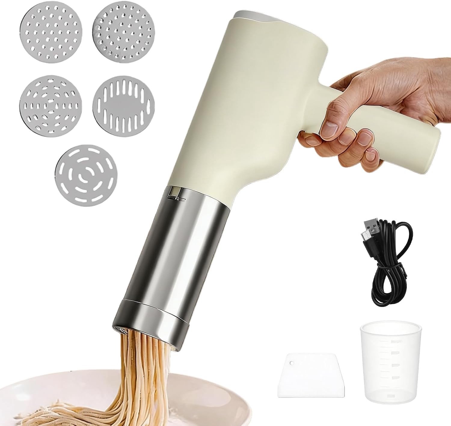 Handmatige Elektrische Pastamaker met 50ml Capaciteit, Draadloze Noodle Maker met 5 Persmallen voor Thuisgebruik en Keukenaccessoires