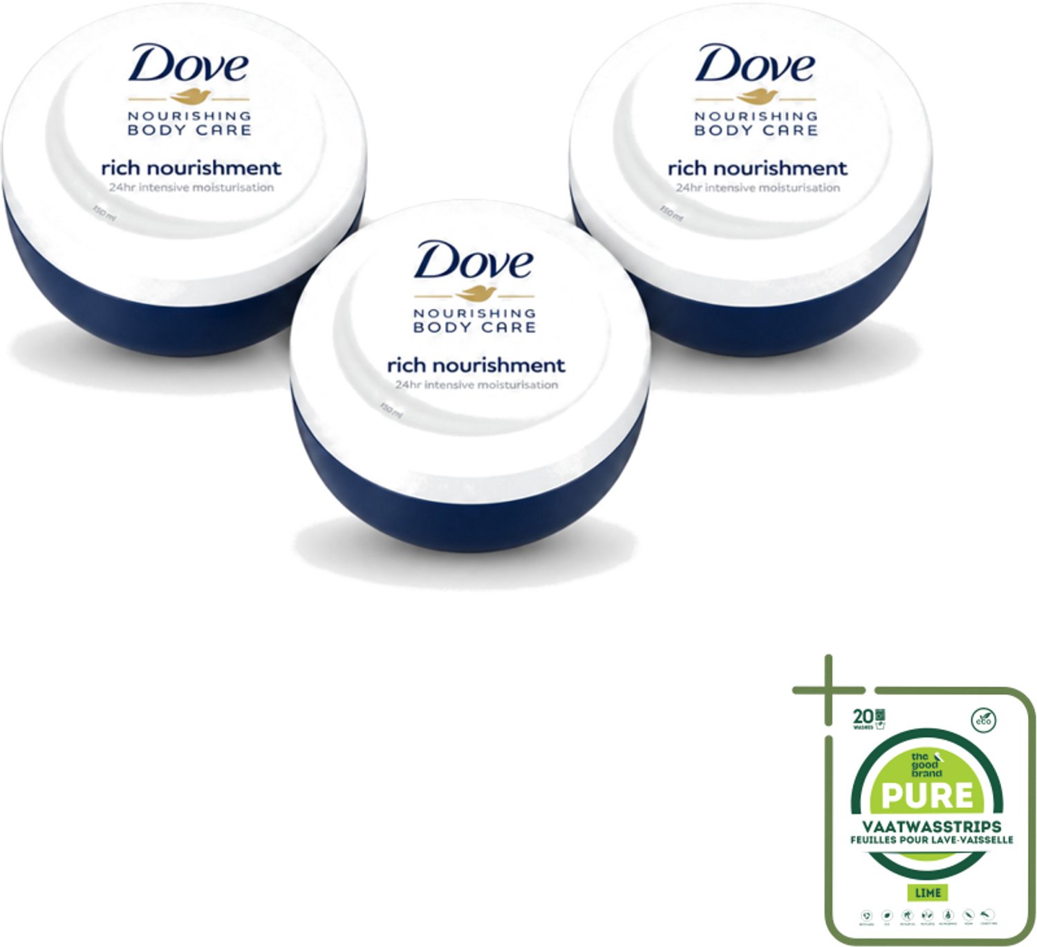 3 x Dove – Bodycrème – Voedende Crème – 150 ml - Grootverpakking - Vaatwasstrips - Voedende Crème - Huid Verzorging - Hydraterende Crème - Huid Bescherming - Huid Zacht Maken