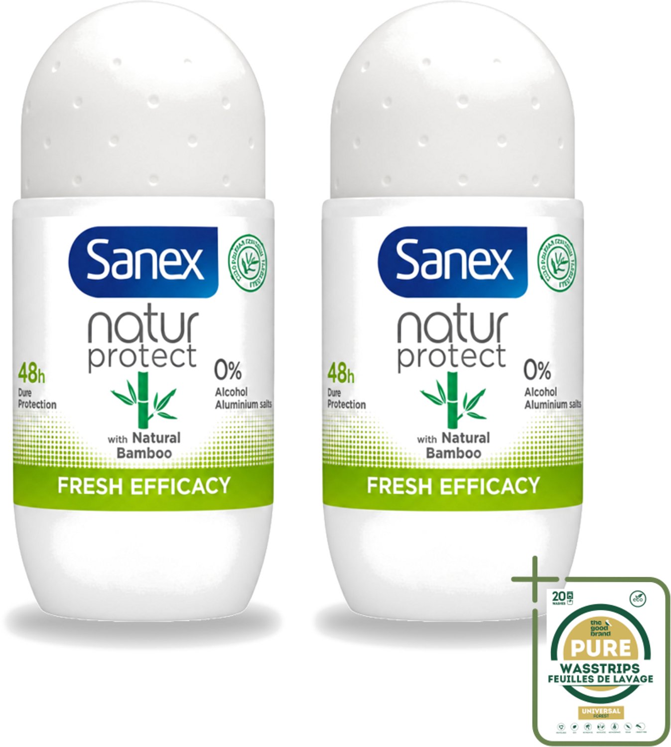 2 x Sanex – Deo Roll-on – Bamboo Fresh Efficacy – 50 ml - Wasstrips - Bamboo Deodorant - Natuurlijke Frisheid - Alcoholvrije Deodorant - Huidvriendelijke Deodorant - Transpiratiegeur