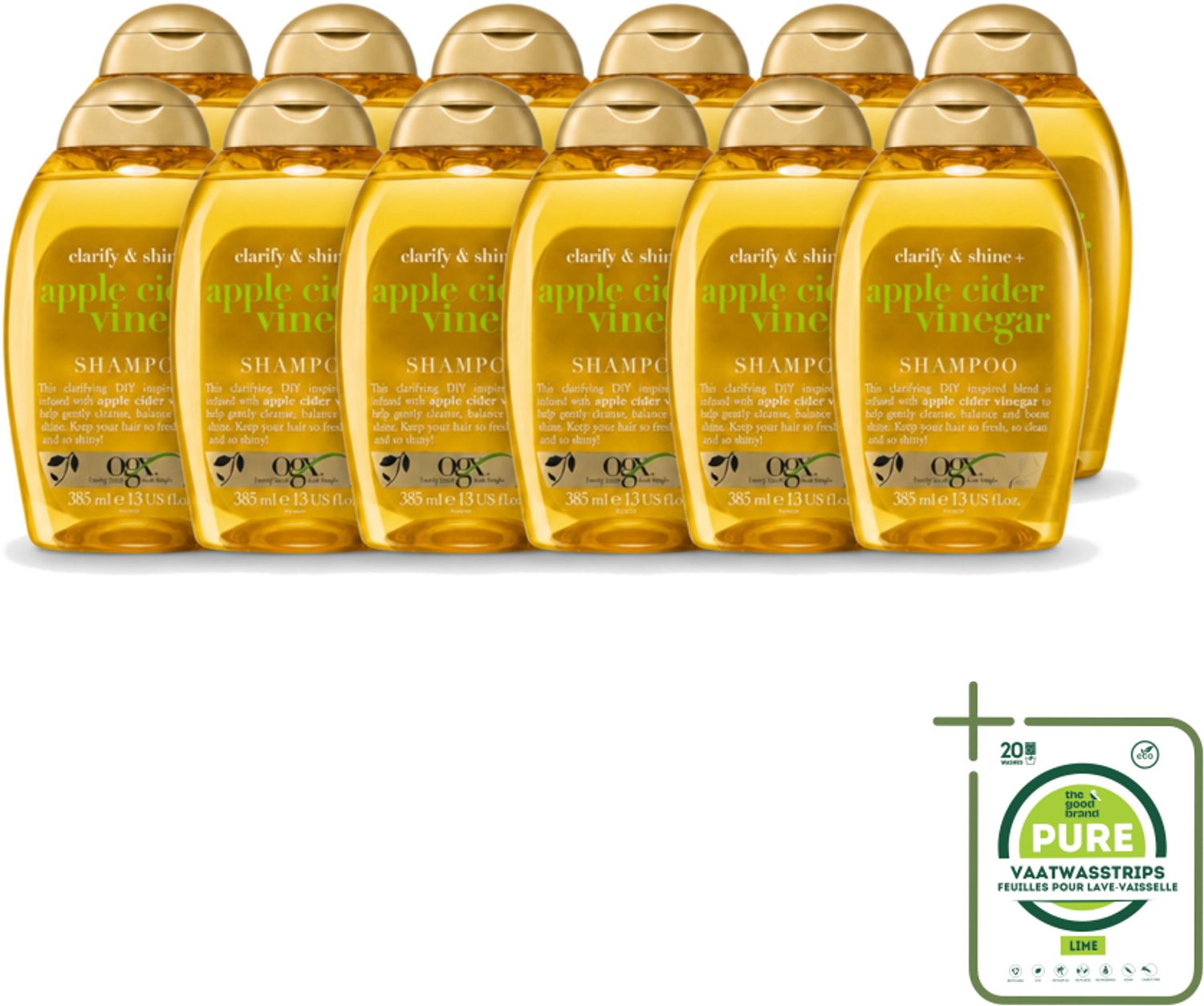 12 x OGX - Apple Cider Vinegar - Shampoo - Clarify + Shine - 385 ml - Grootverpakking - Haartype - Glans - Zuiveren - Fris - Schone Hoofdhuid