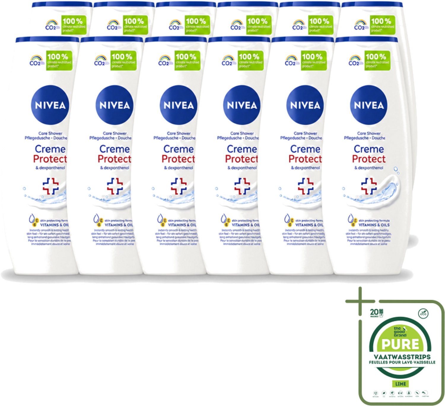 12 x Nivea - Douchegel - Crème Protect & Dexpantenol - Unieke Nivea Crème Geur - 250 ml - Grootverpakking - Vaatwasstrips - Douchegel - Huidverzorging - Vitamine C - Vitamine E - Olijfolie